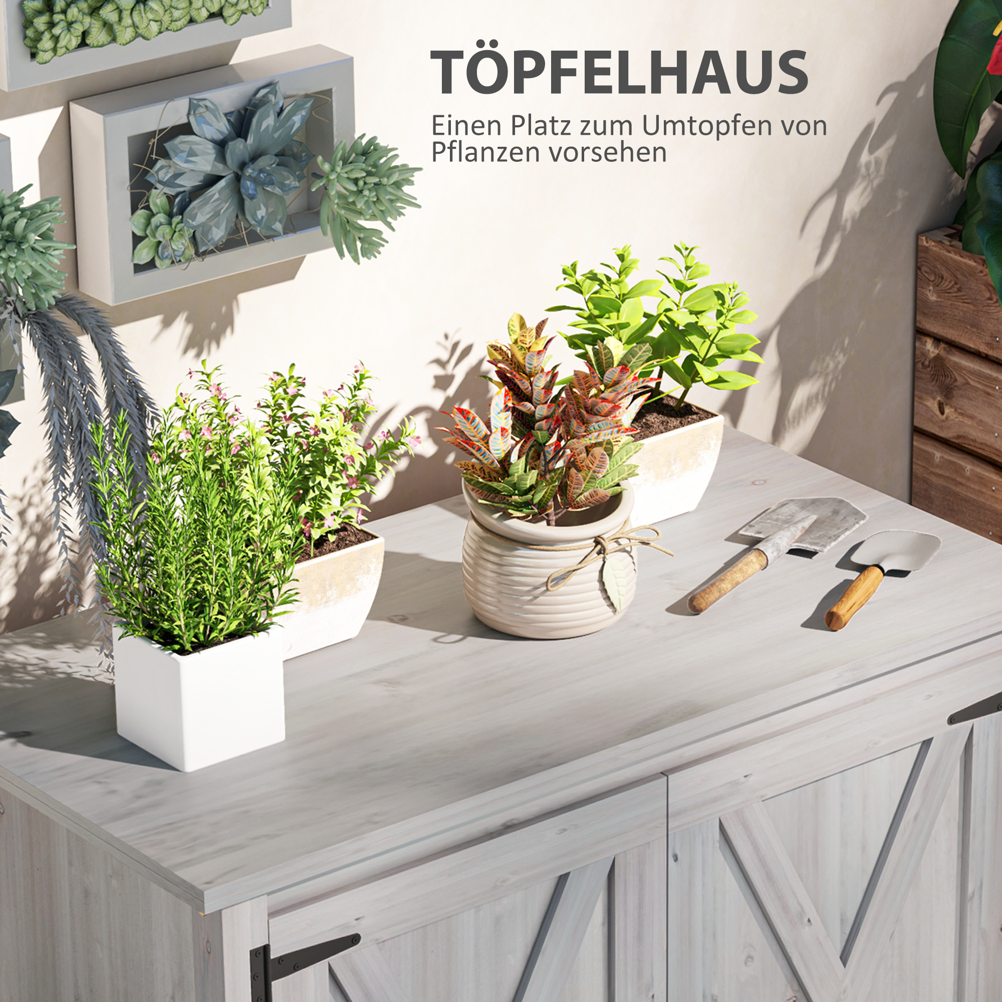 Gartenschrank, Holzschrank für Gartengeräte, Outdoor-Schrank für Terrasse, mit Doppeltüren, Scheunendesign, Hellgrau