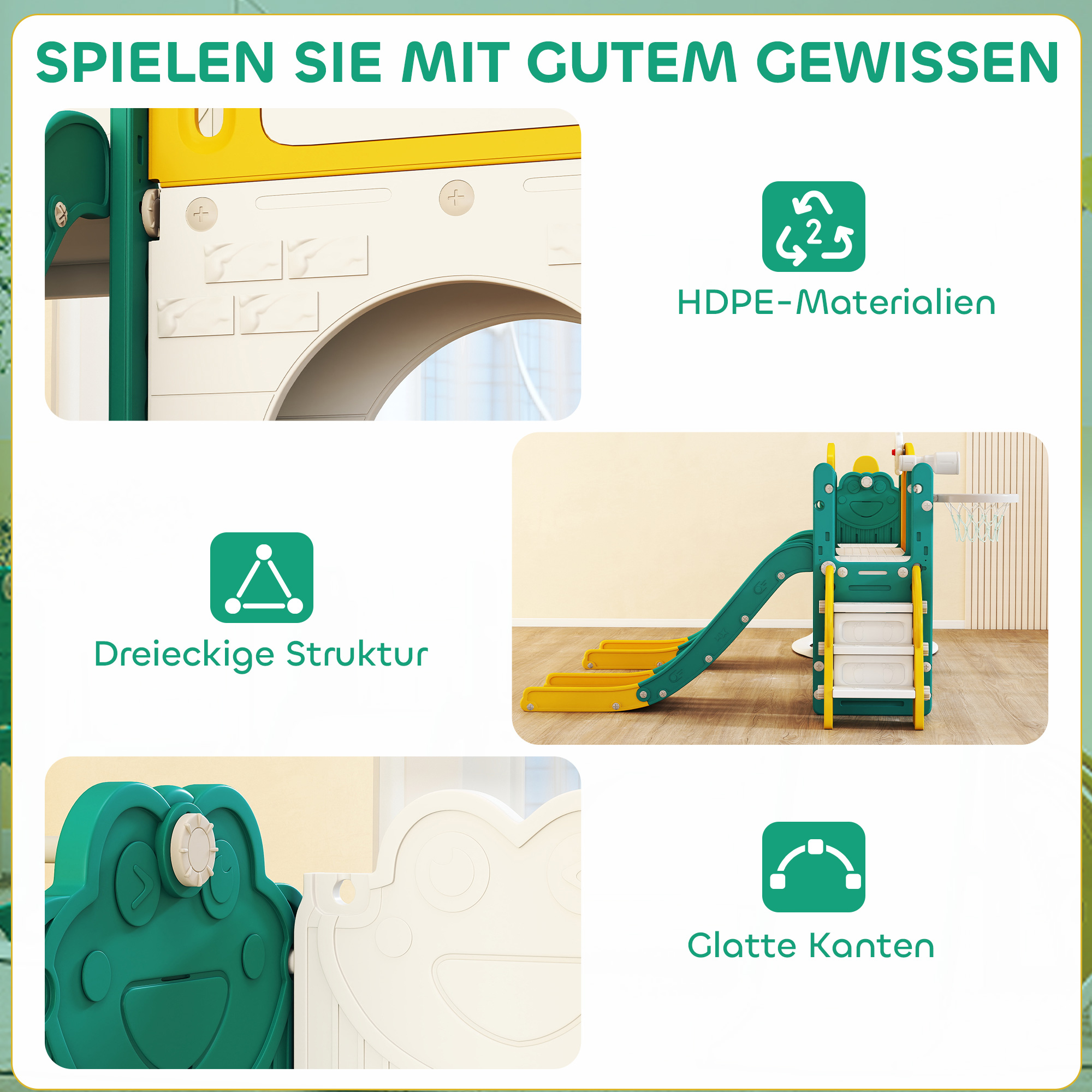 9-in-1 Rutschen- und Schaukelset für Kleinkinder, mit Basketballkorb, Teleskop, Zeichenbrett, Frosch-Design, Gelb+Grün