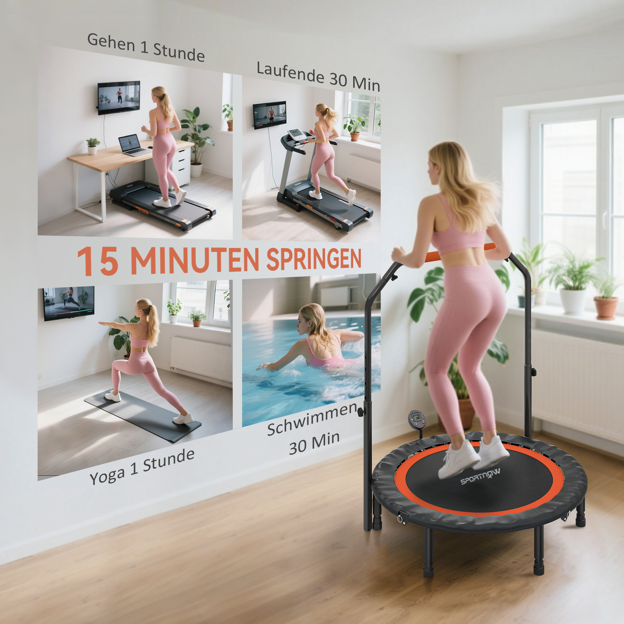 Mini-Trampolin, mit höhenverstellbarem Haltegriff, LCD-Monitor, Stahl, schwarz+rot, Ø102 x 99-123cm