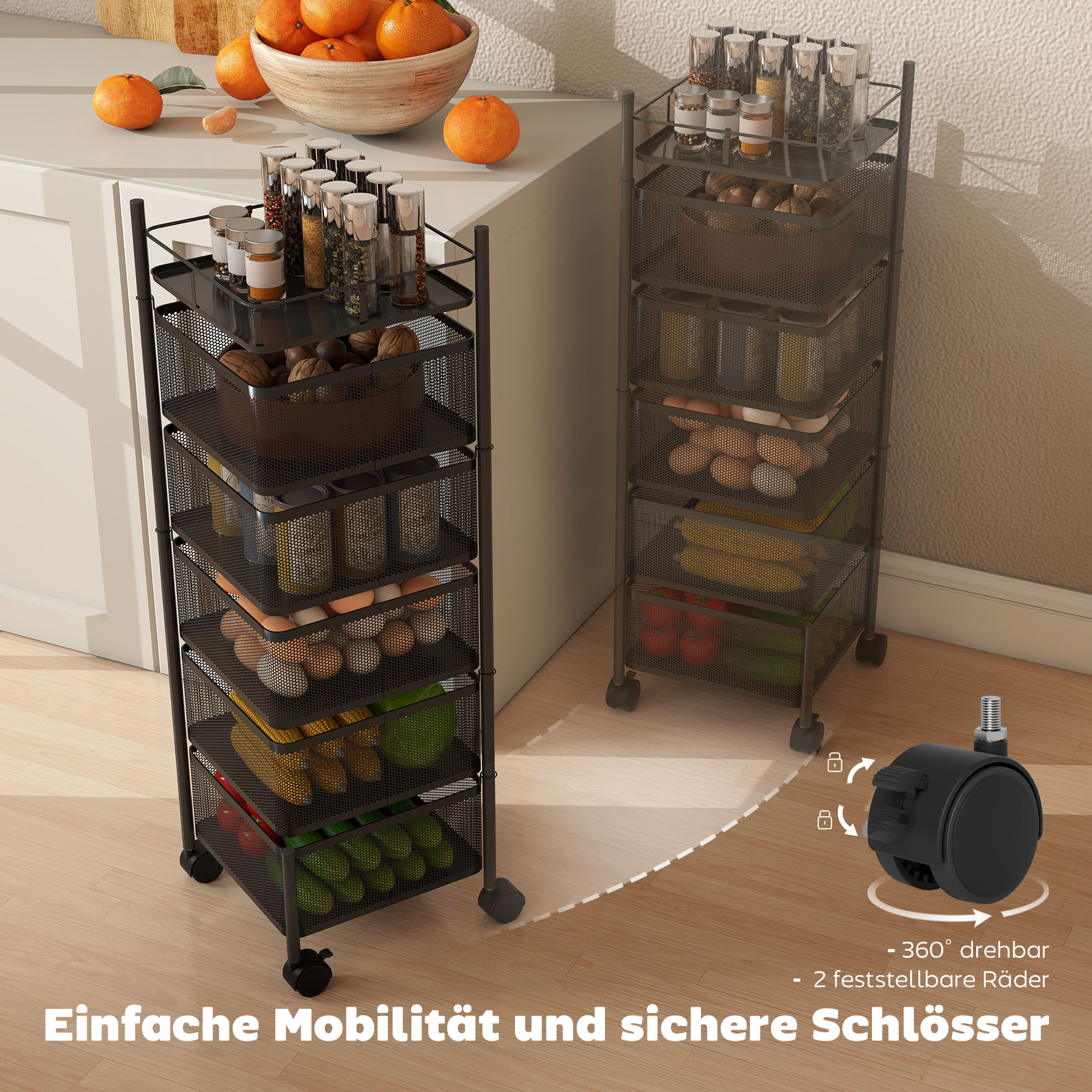Küchenwagen, 5 drehbare Körbe, 4 Lenkrollen, Metallrahmen, Schwarz