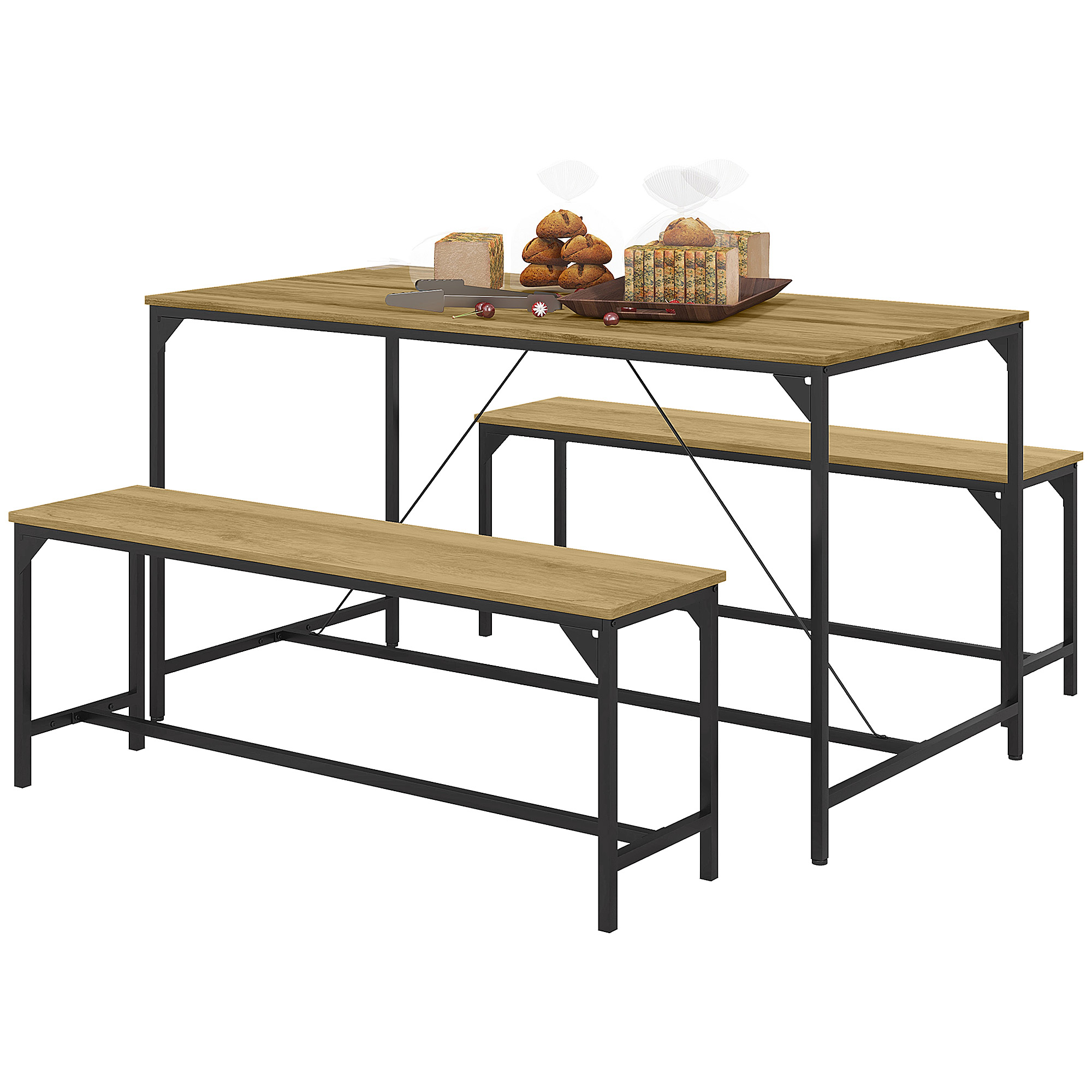 Essgarnitur, Tisch & 2 Bänke, Industrial Design, Stahlrahmen, Holzdekor/Schwarz