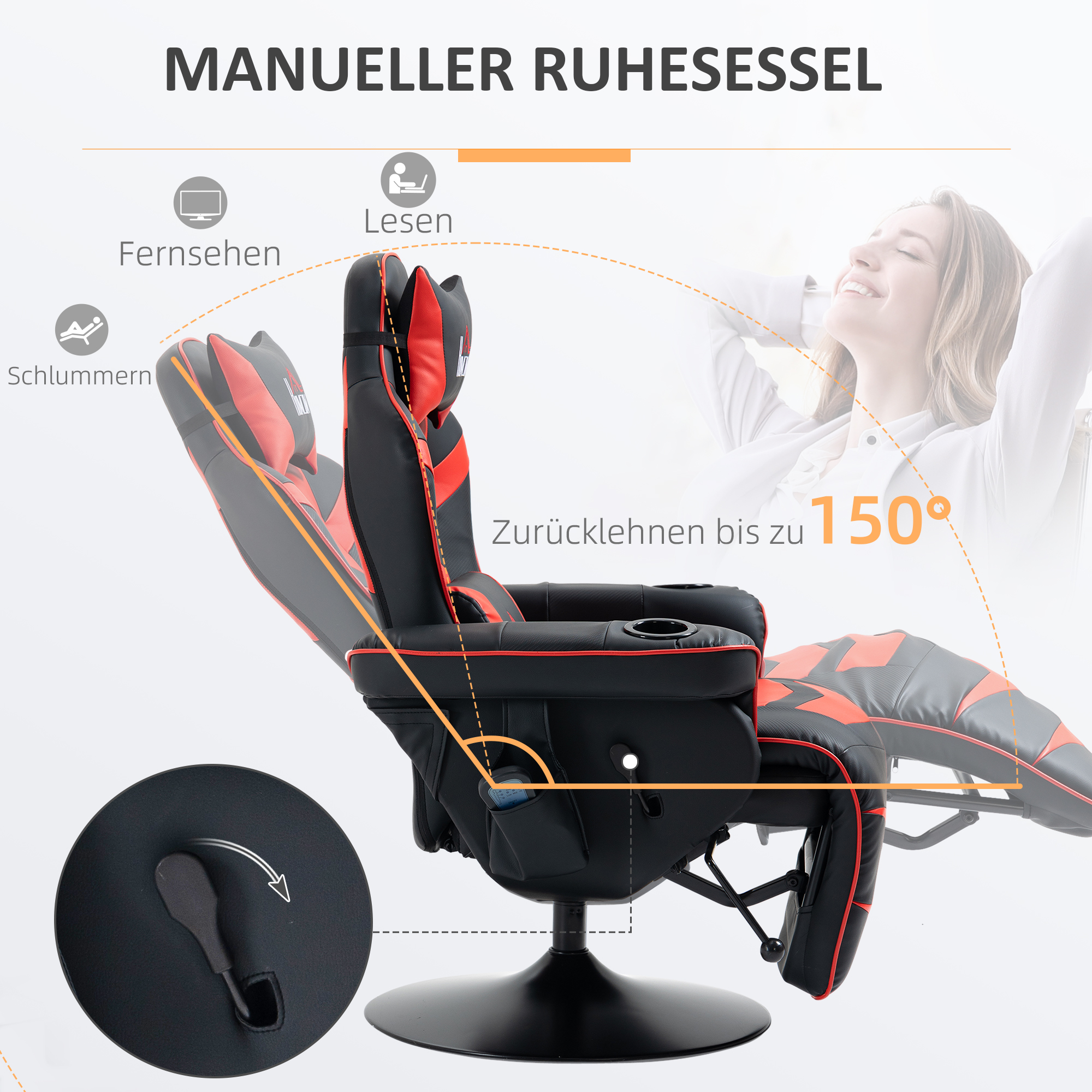 Gamingsessel, Massagefunktion, neigbare Lehne, Fußstütze, bis 120 kg, Stahlrahmen, Kunstleder, Rot