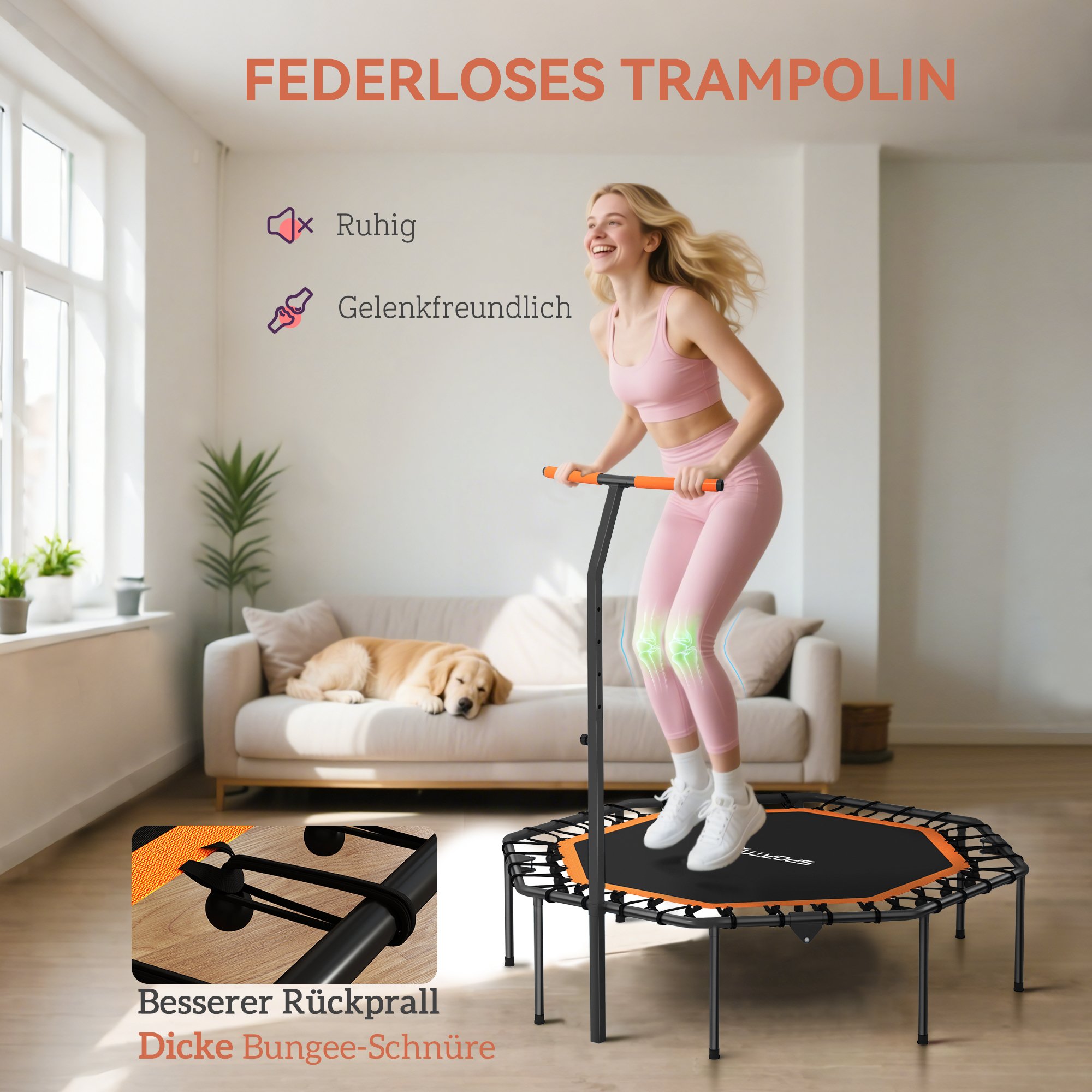 Fitness-Trampolin, Trainingstrampolin mit verstellbarem Haltegriff, stabil und leise, für drinnen, Stahl, Orange