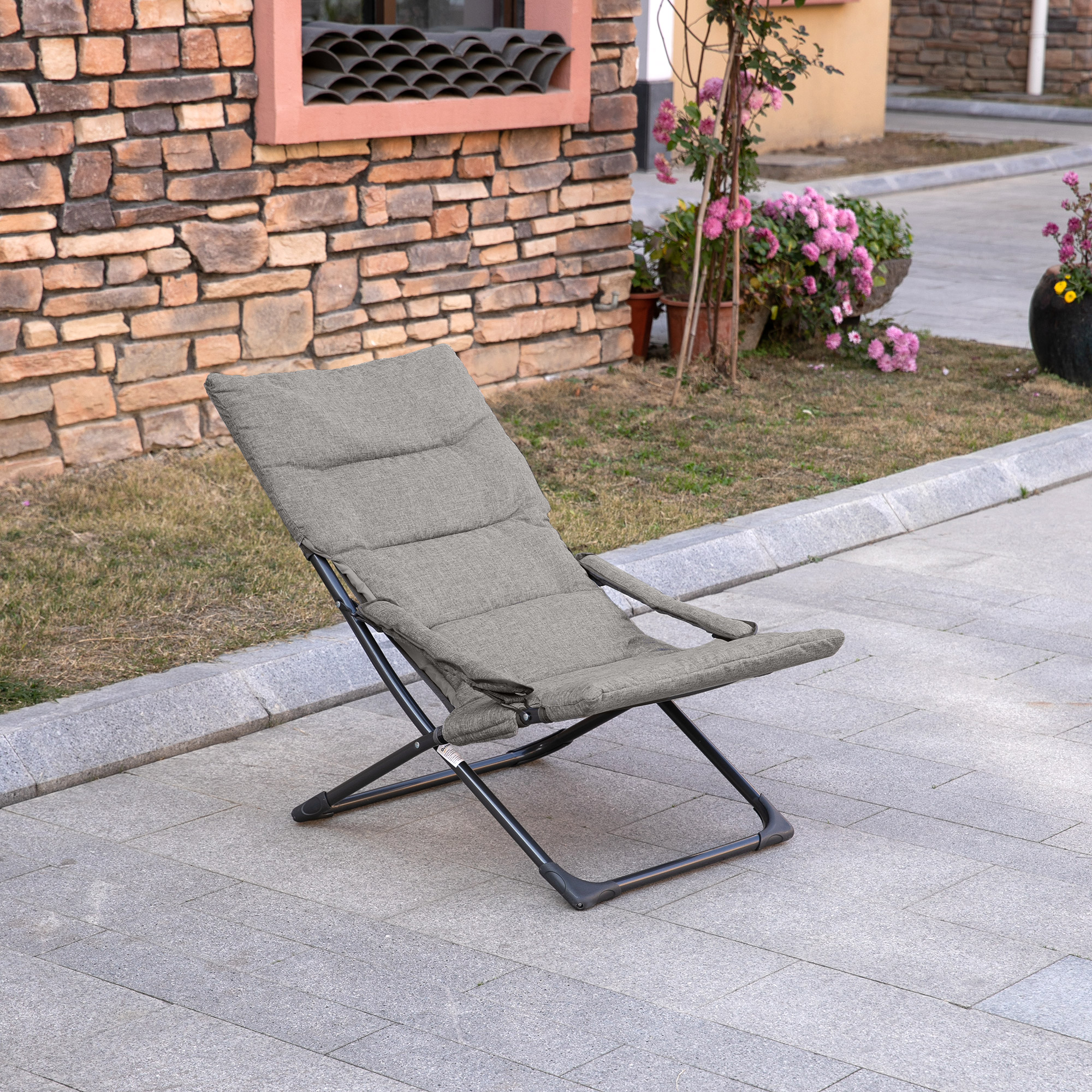 Gartenstuhl aus Metall Klappstuhl mit Auflage abnehmbar wetterfest klappbar Campingstuhl Liegestuhl 120kg Belastbarkeit Sitzmöbel für Garten Terrasse Balkon 66B x 94T x 79H cm Grau