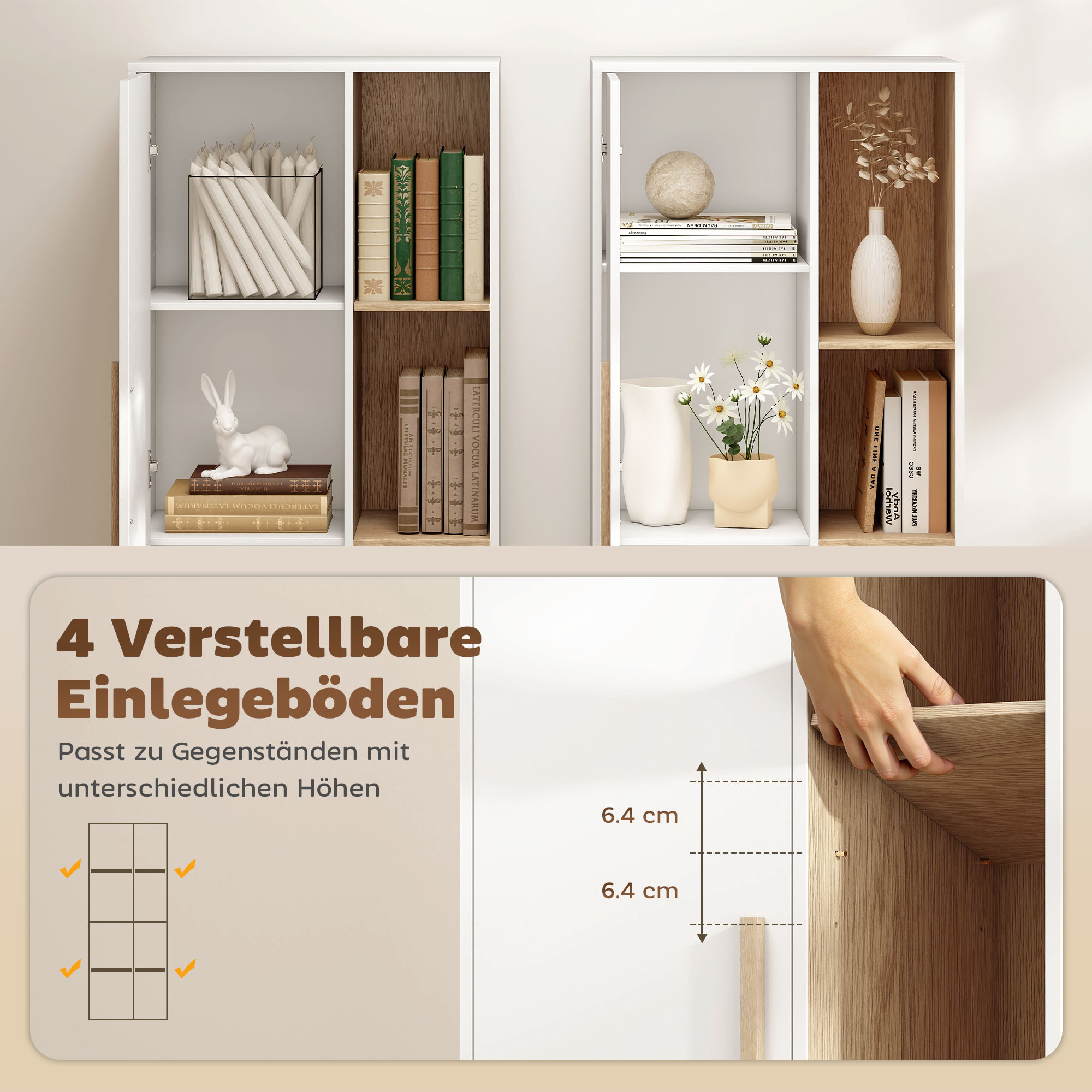 176 cm großes Bücherregal, 4 offene Regale, 2 Schränke, freistehender Bücherschrank, MDF, Weiß