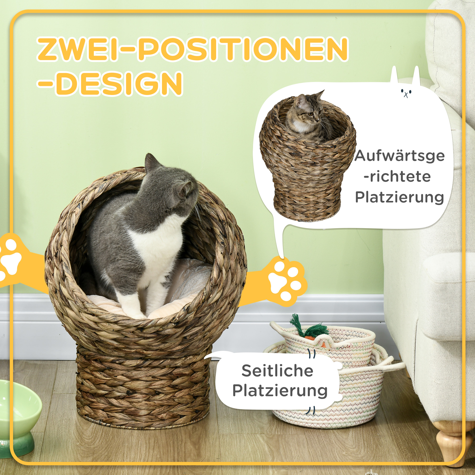 Rattan Katzenkorb Katzenhöhle Katzenhütte Katzenbett mit Kissen Haustierbett Wasserhyazinthe Kaffee 40 x 37 x 51 cm