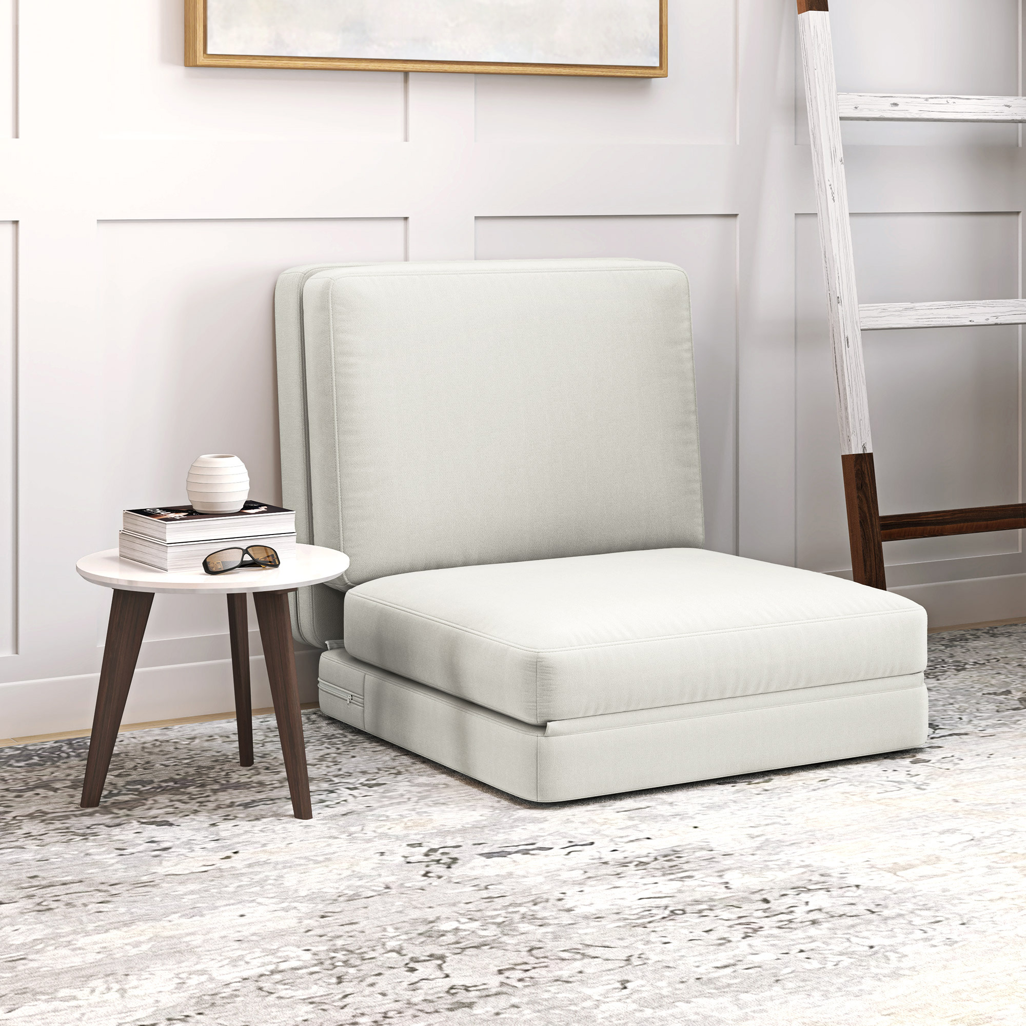 Faltbarer Bodensessel mit Kissen, wandelbares Polstersofa, Wohnzimmer, Gästezimmer, Büro, 75 x 268 x 18 cm, Cremeweiß