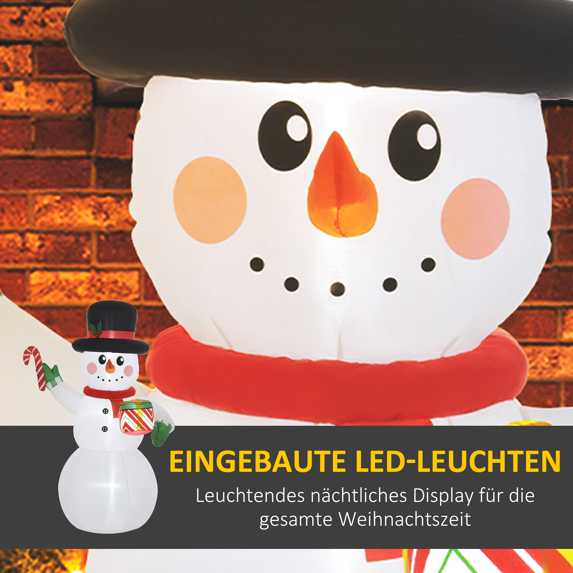 1,80 m Schneemann mit Zuckerstange & Geschenk, selbstaufblasbar, LEDs, wetterfest