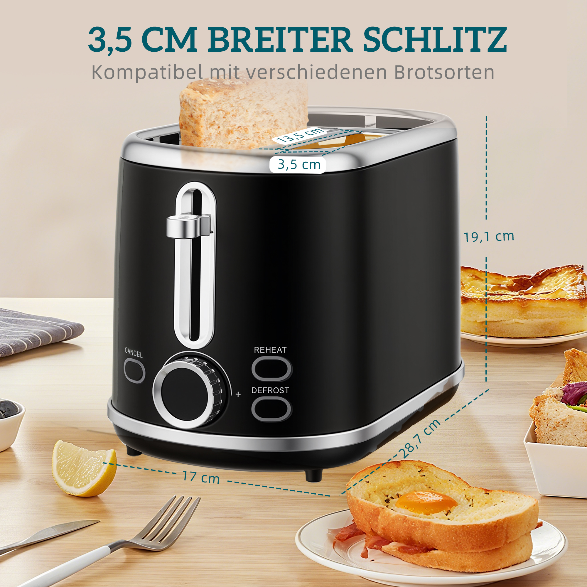 Wasserkocher- und Toaster-Set, LED-Anzeige, 1,7 Liter, 2200W, Retro-Design, Memory-Funktion, Schwarz