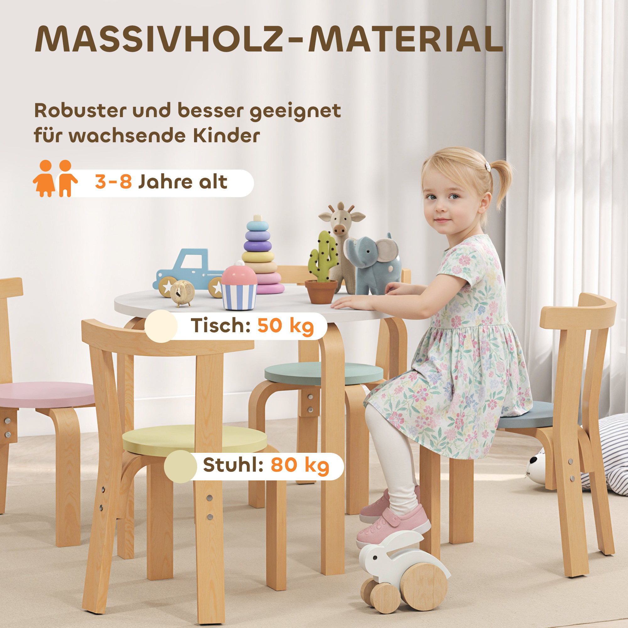 5-teiliges Kindertisch- und Stuhlset, leichtes Massivholz, Bunt