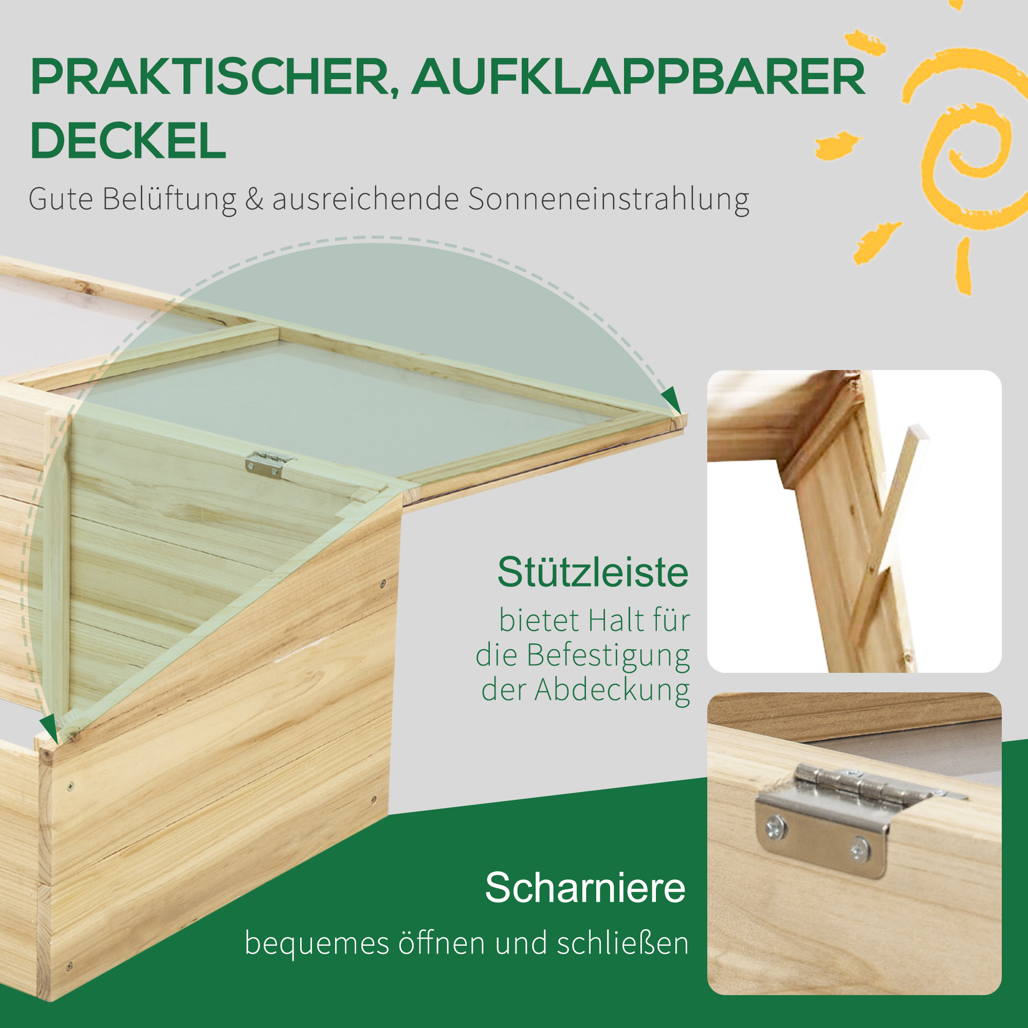 Gewächshaus Holz Frühbeet Frühbeetkasten Treibhaus Garten & Pflanzkasten-System für Garten Balkon, 100 x 50 x 35 cm, Natur, Tanne, PC-Platte