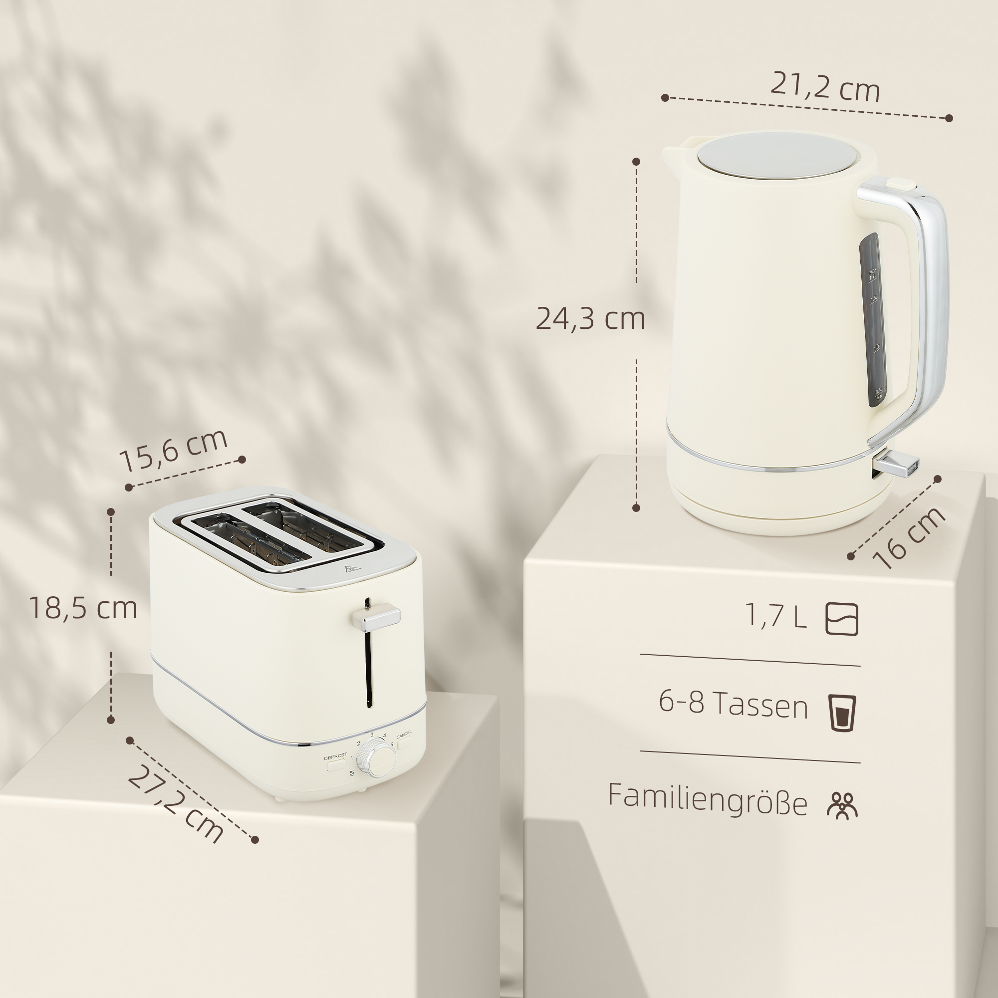 Set aus 1,7 L Wasserkocher und Toaster mit 6 Bräunungsstufen, Beige