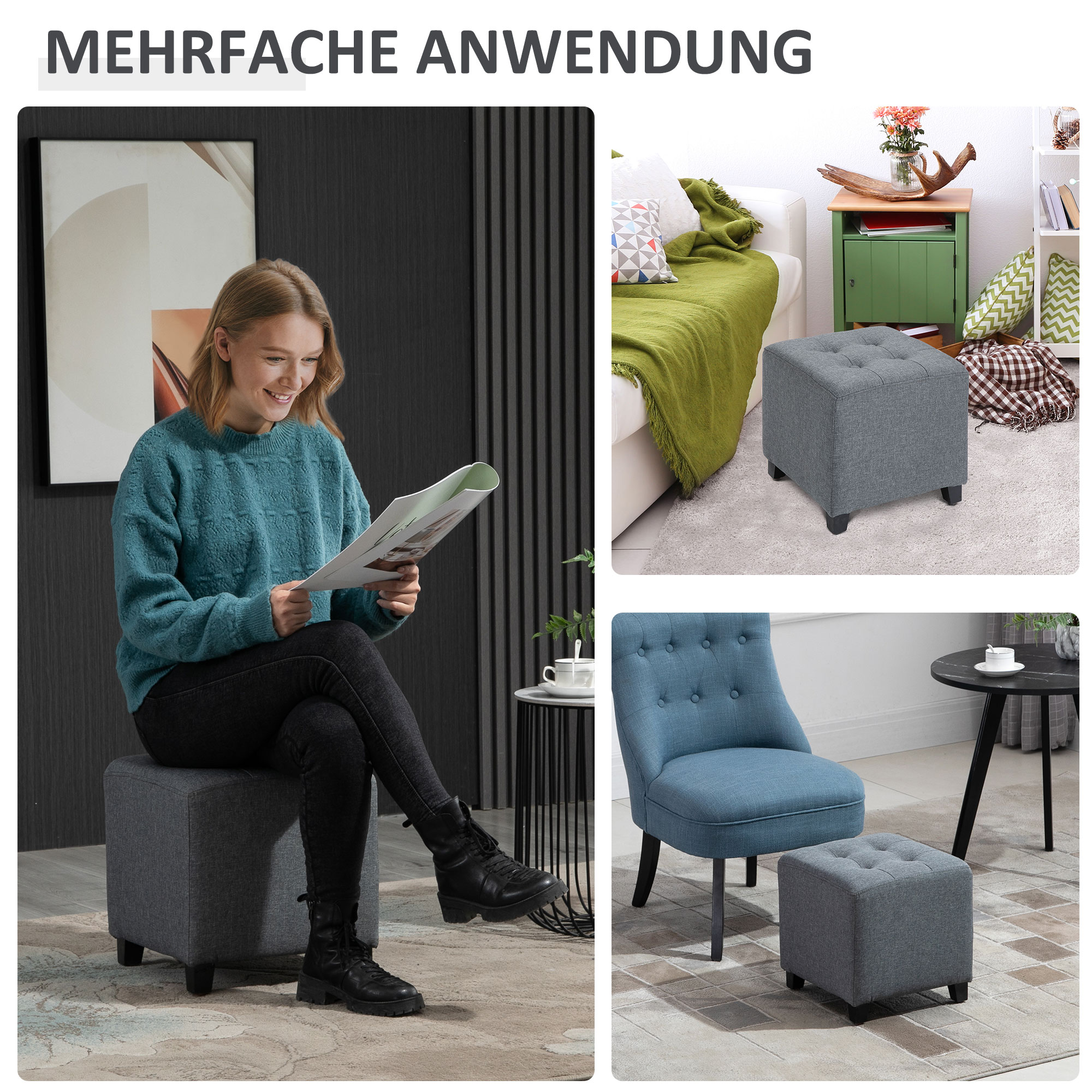 Hocker Sitzhocker, Knopfheftung, Leinenoptik, 35 cm x 35 cm x 35 cm, Grau