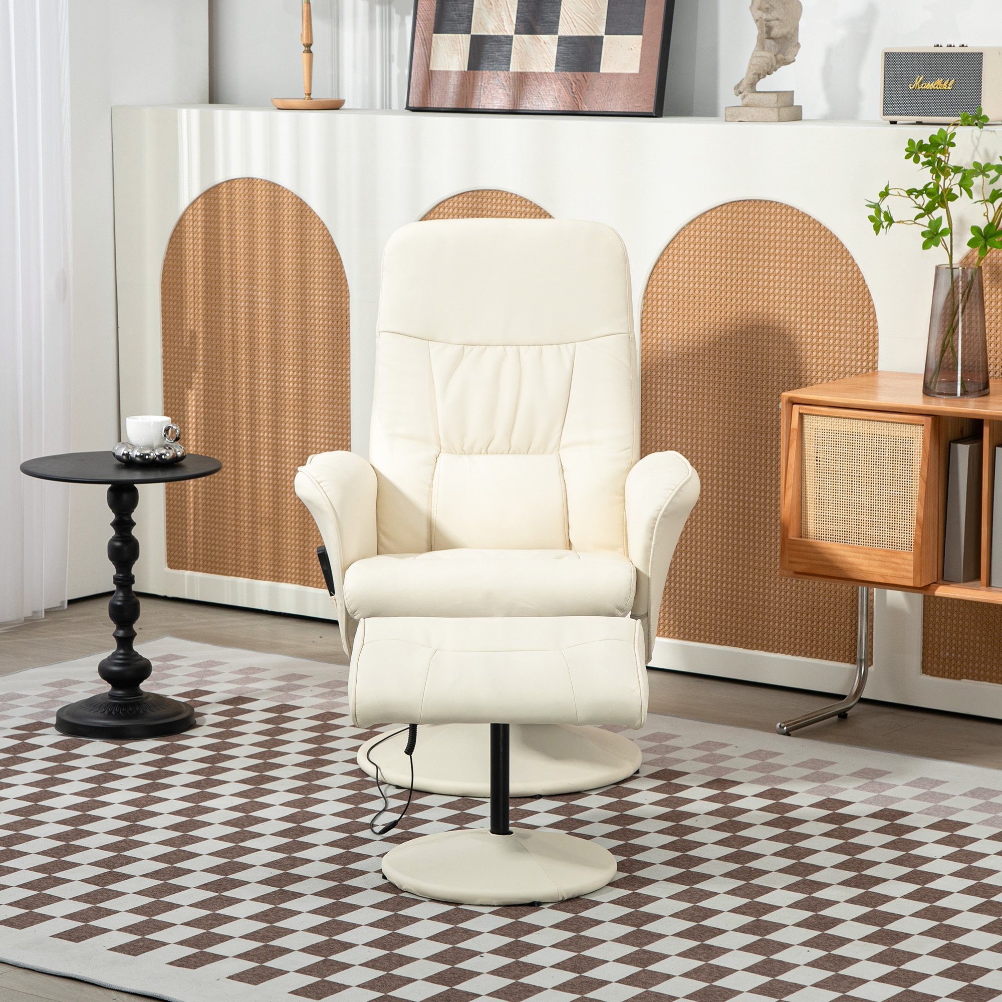 Massagesessel mit Fußhocker, Ergonomischer Stuhl mit 10 Vibrationspunkten, Kunstleder, 76 x 81 x 105 cm, Cremeweiß