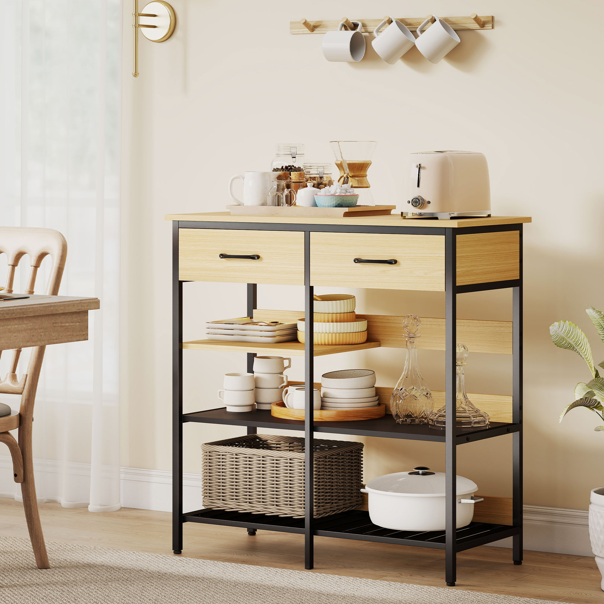 Sideboard, Kommode mit 2 Schubladen, 3 offenen Regalen Küchenschrankfür Küche, Wohnzimmer 90 x 40 x 91 cm, Naturholz