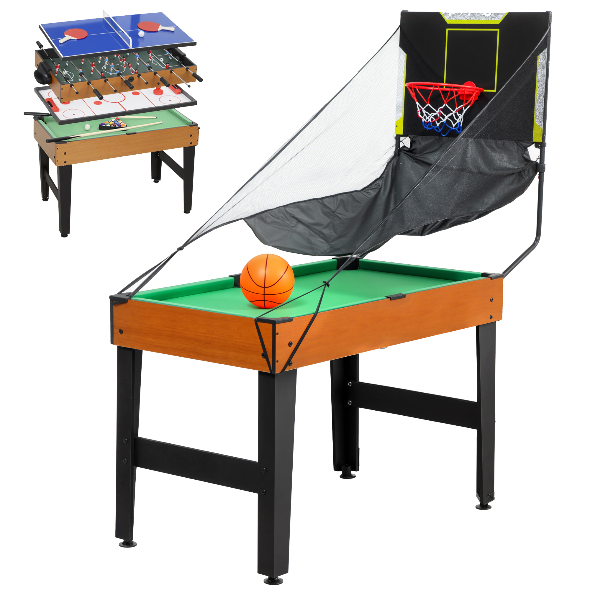 5-in-1 Multispiel-Tisch, 53 Zubehör-Teile, Tischfußball, Tischhockey , Tischtennis, Billard, Basketball, Walnuss