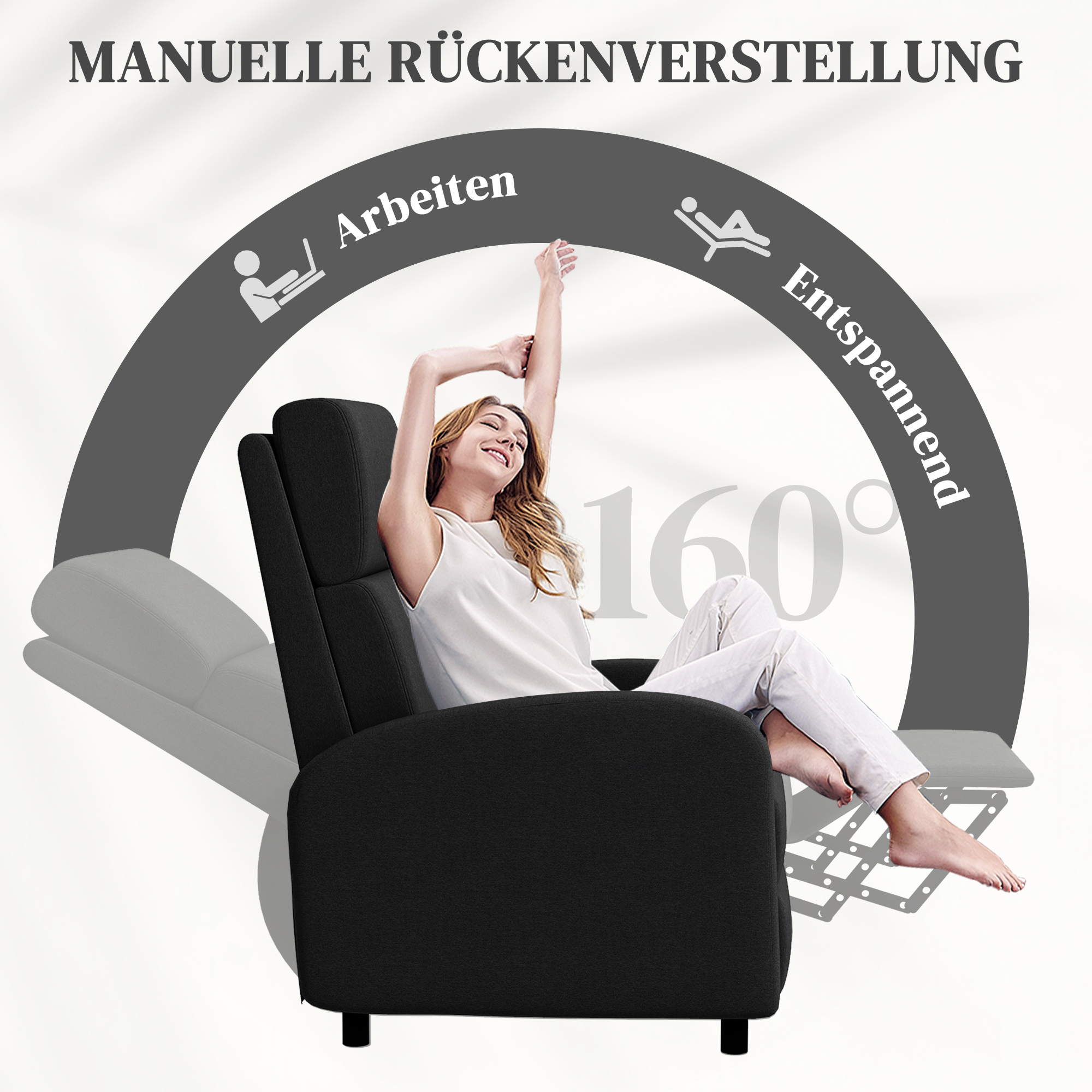 Relaxsessel, Fernsehsessel mit Liegefunktion, gepolstert, mit verstellbarer Rückenlehne, Fußteil, Schwarz