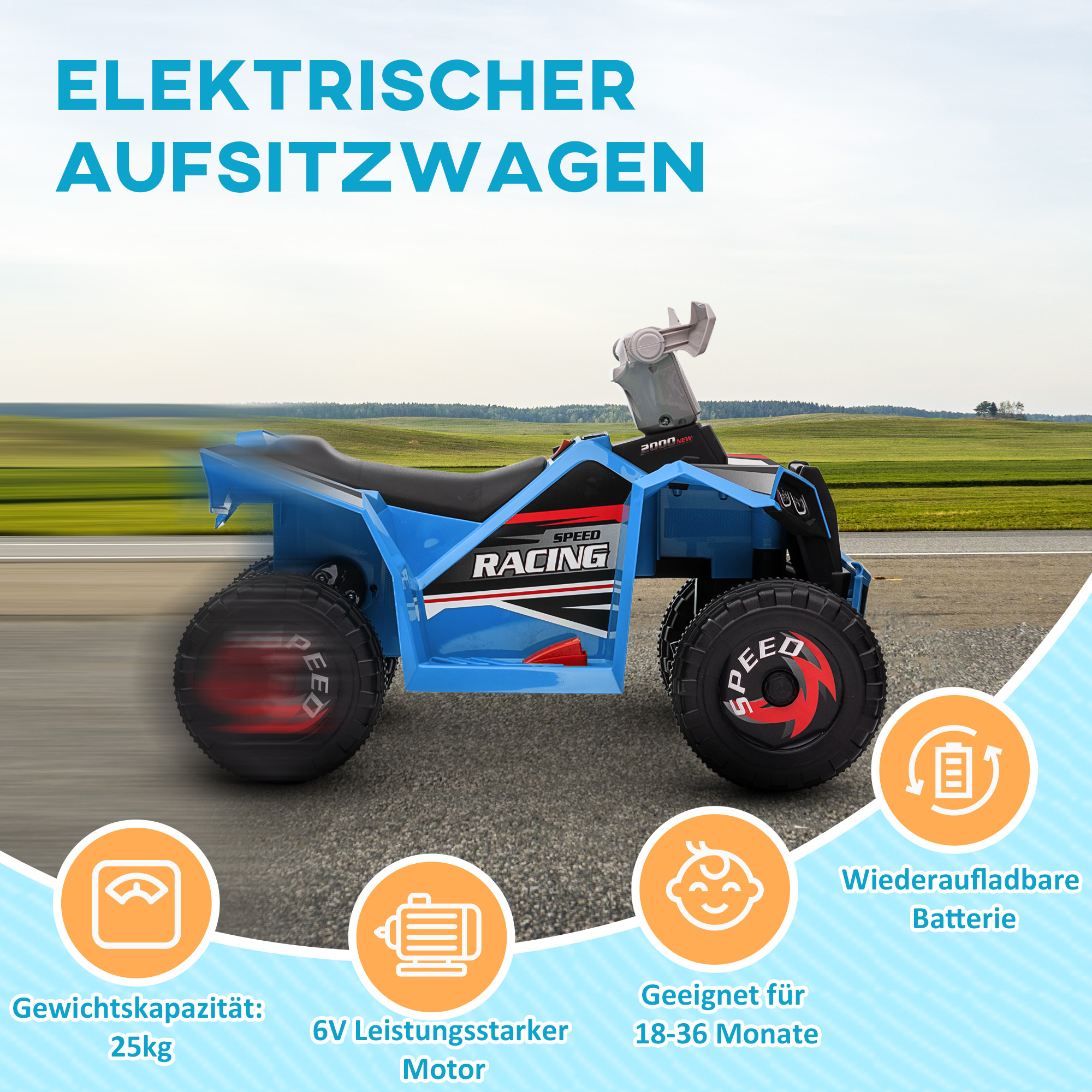 Elektro-Kinderquad, 2,5 km/h, Vorwärts- & Rückwärtsgang, für 18-36 Monate, Blau