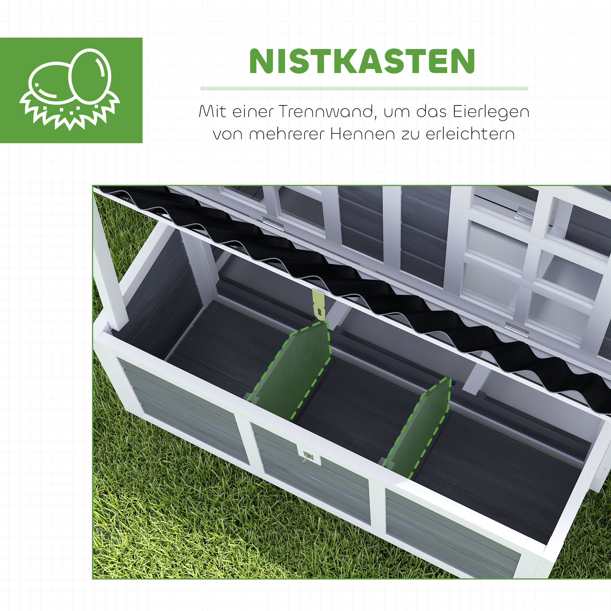 Hühnerstall mit Nestkasten für 4-6 Hühner, Wasserfestes Dach, Fichtenholz, Kunststoff, 100 x 86 x 100 cm, Hellgrau