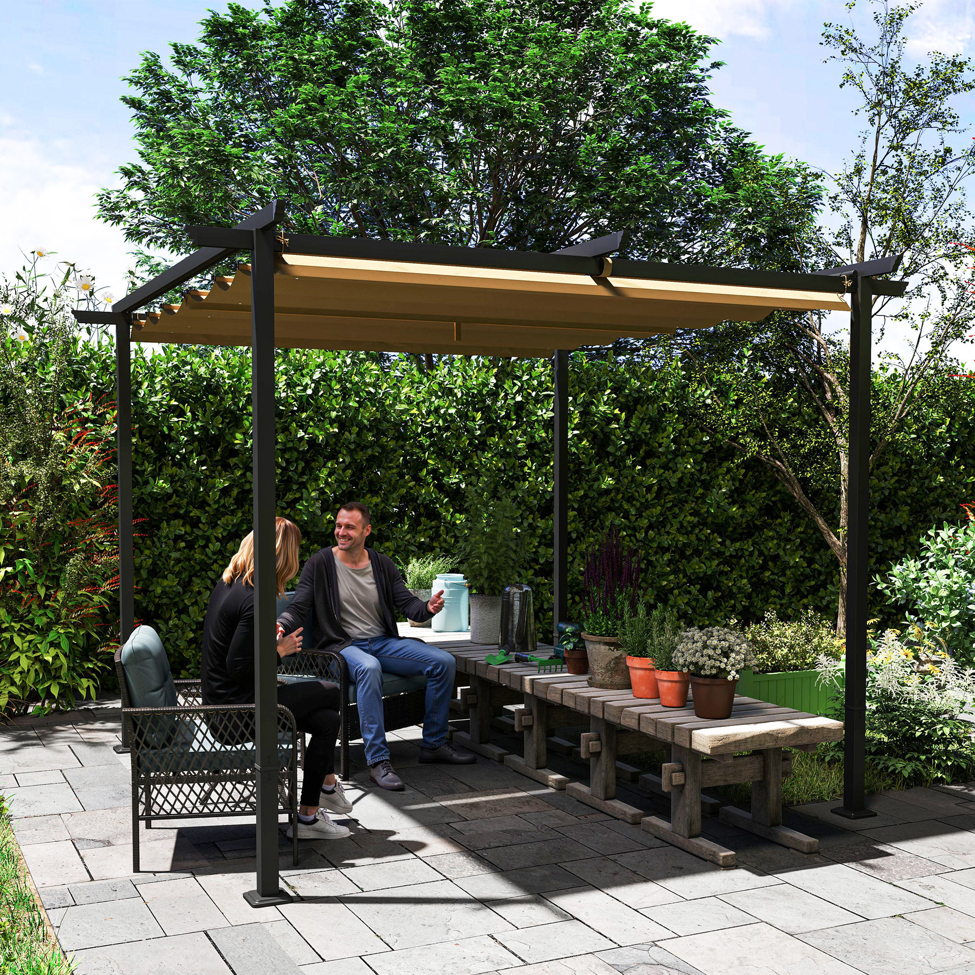 3 x 3 m Garten-Pergola mit verstellbarem Dach, Metallrahmen, UPF30+ Schutz, Sonnendach für Veranda, Terrasse, Beige