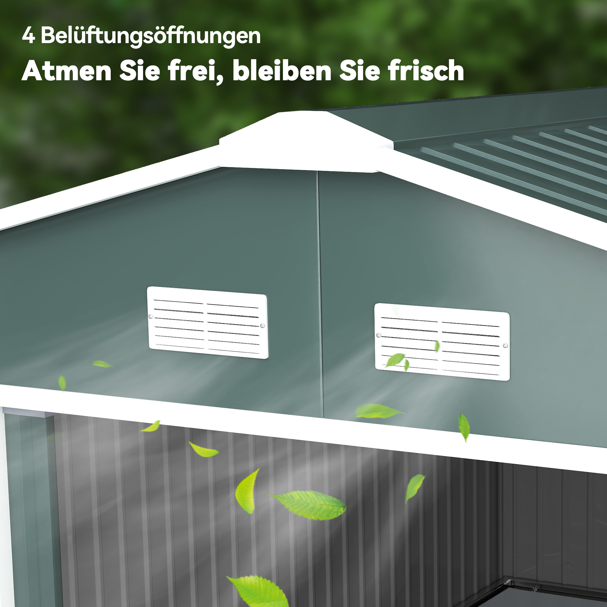 Geräteschuppen, Wetterfestes Gartenhaus für Gartengeräte, mit Belüftungsfenstern, Schiebetüren, Stahl, Dunkelgrün