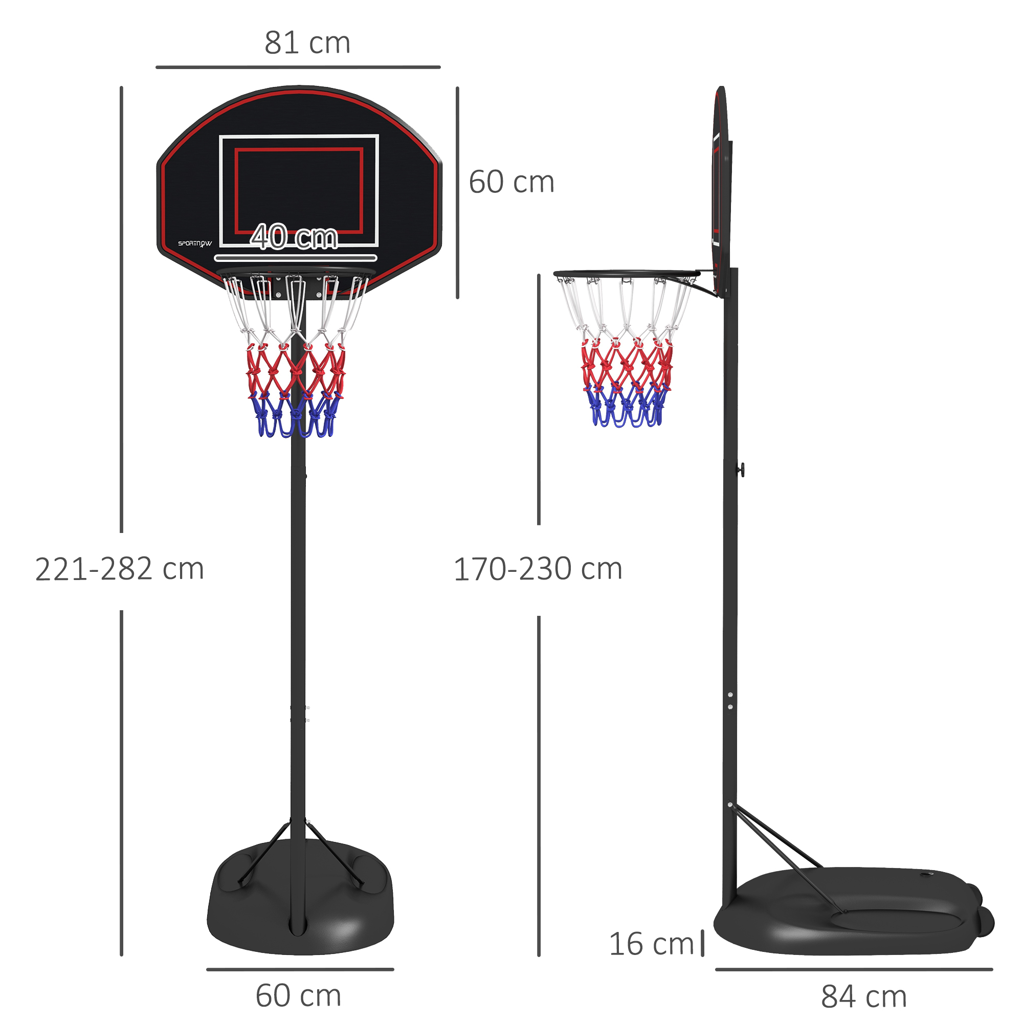 Basketballständer, höhenverstellbar, robust, 1,7-2,3 m Korbhöhe, Stahlrahmen, Schwarz