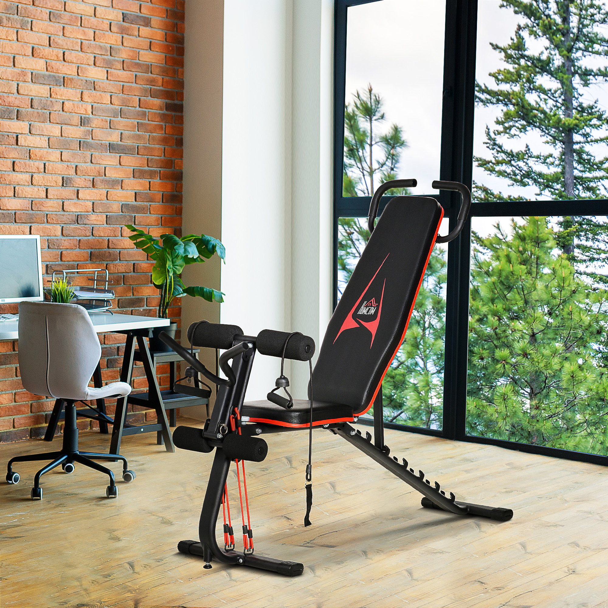 Hantelbank verstellbare Trainingsbank mit elastischer Seils Sit Up-Bank für Heimtraining 6 Stufen Rückenlehne-Gefälle Gewicht bis 150 kg Stahl Kunstleder Schwarz+Rot 145 x 49 x 48-127 cm