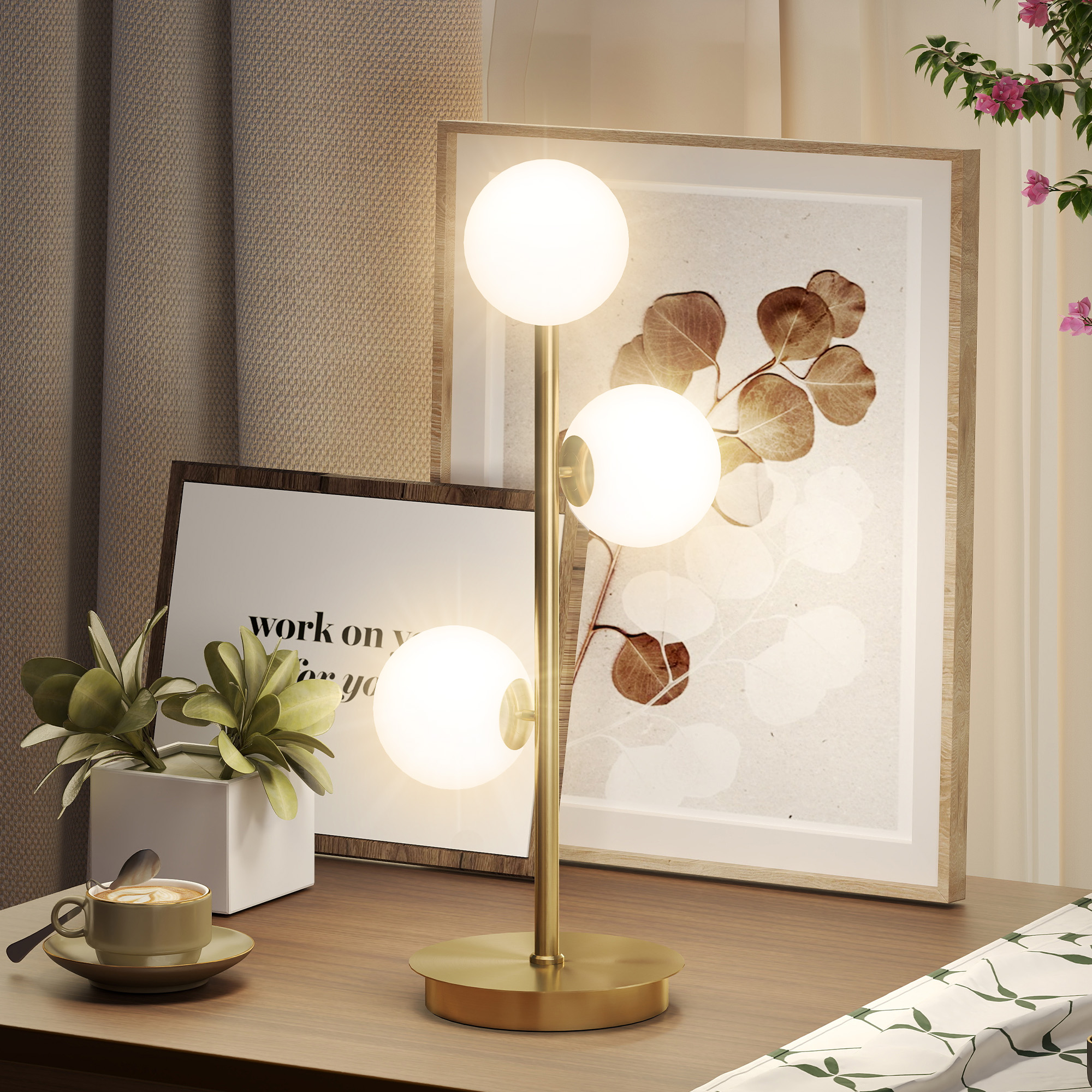 Tischlampe Tischleuchte mit 3 Kugelschirmen, mit stabilem Stahlfuß, G9-Fassungen, 24 x 24 x 53 cm, Messing