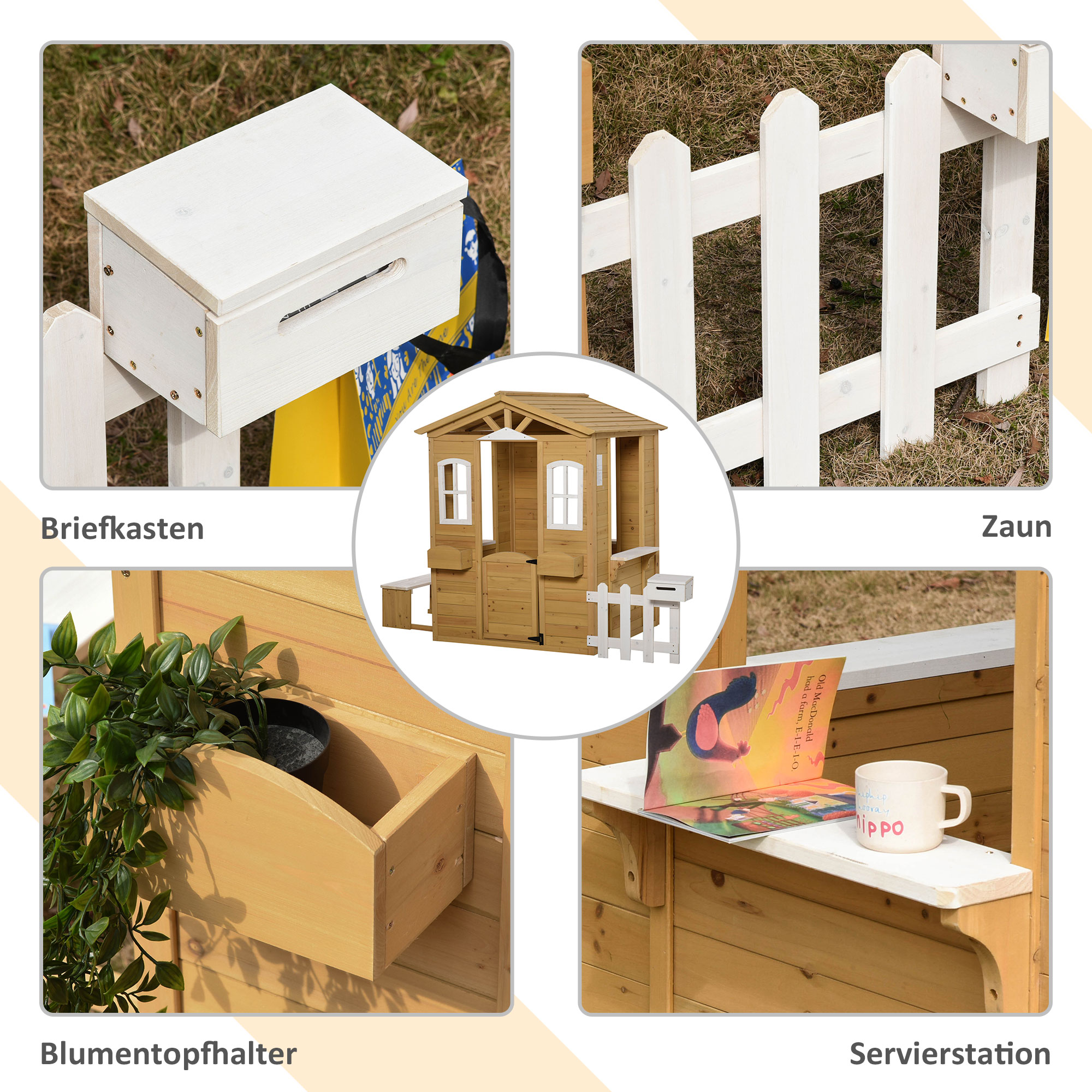 Kinderspielhaus aus Holz Spielhaus Outdoor mit Tür, Fenster und Pflanzkasten Briefkasten Bank für Kinder 3-6 Jahre