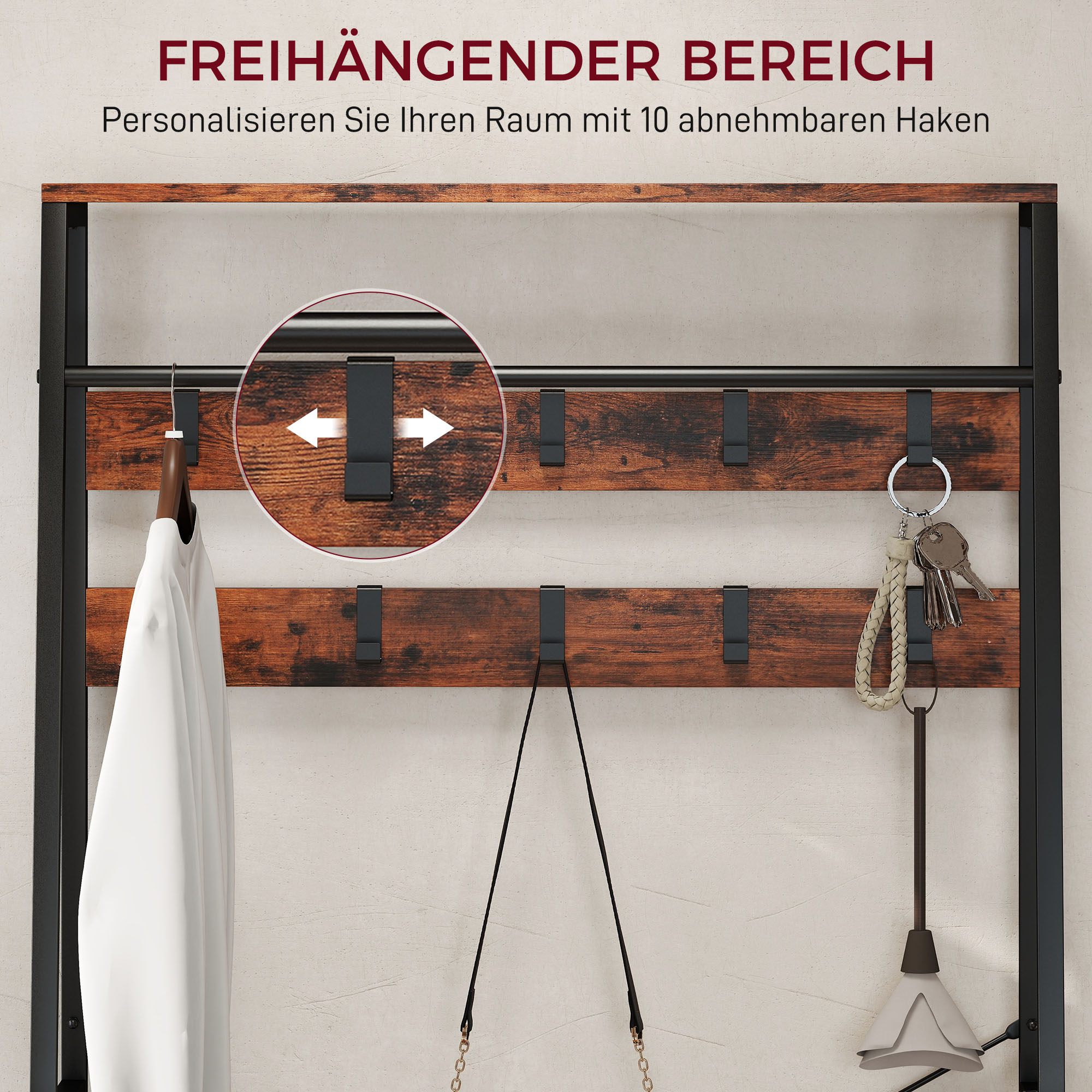 Garderobe mit Schuhregal, Mantelständer mit Sitzbank, 10 Haken, 2 Stoffschubladen, Kleiderstange, Spanplatte, Metall, Braun