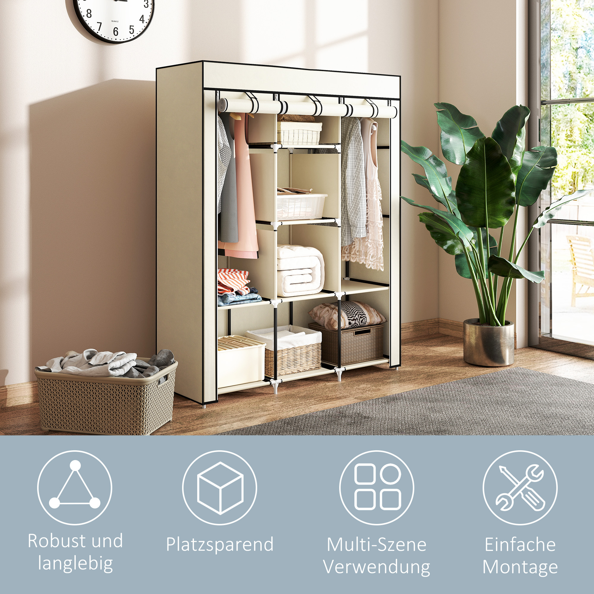 Schrank aus Stoff, Aufbewahrungslösung, 8 Regale, 2 Kleiderstangen, Cremeweiß