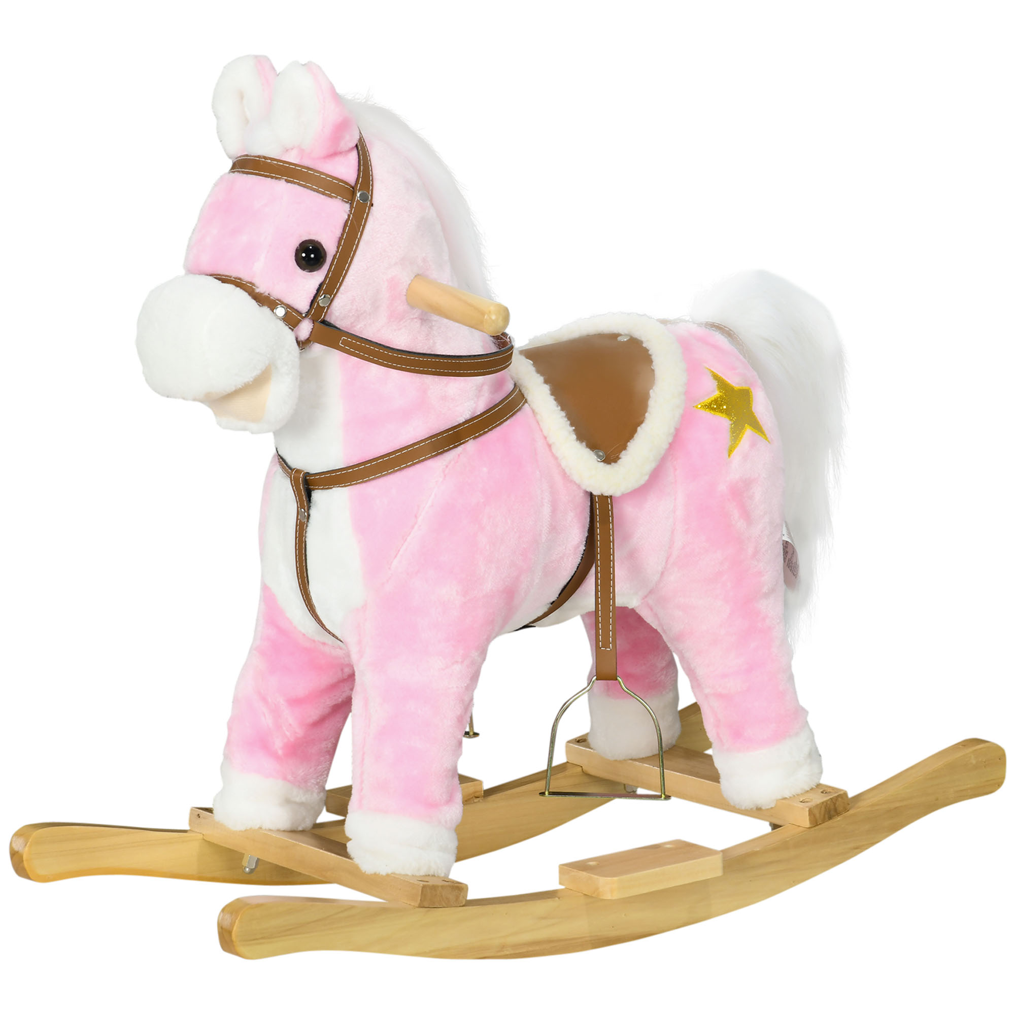Schaukelpferd, Sattel mit Steigbügeln, Soundeffekte, Musik, Plüschkörper, Metallrahmen, bis 30 kg, pink