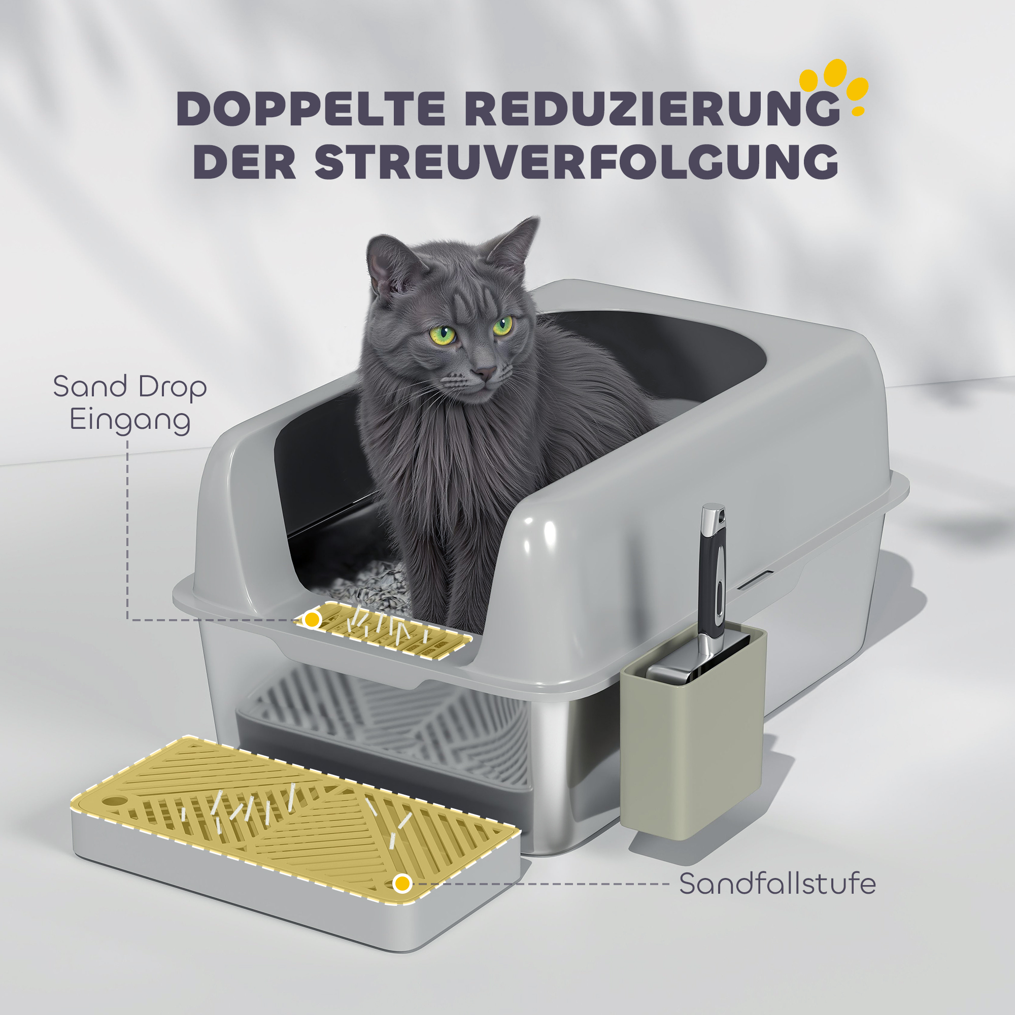 Katzentoilette, Katzenklo, Edelstahl, hohe Wände, Aufbewahrungsbox, Hellgrau
