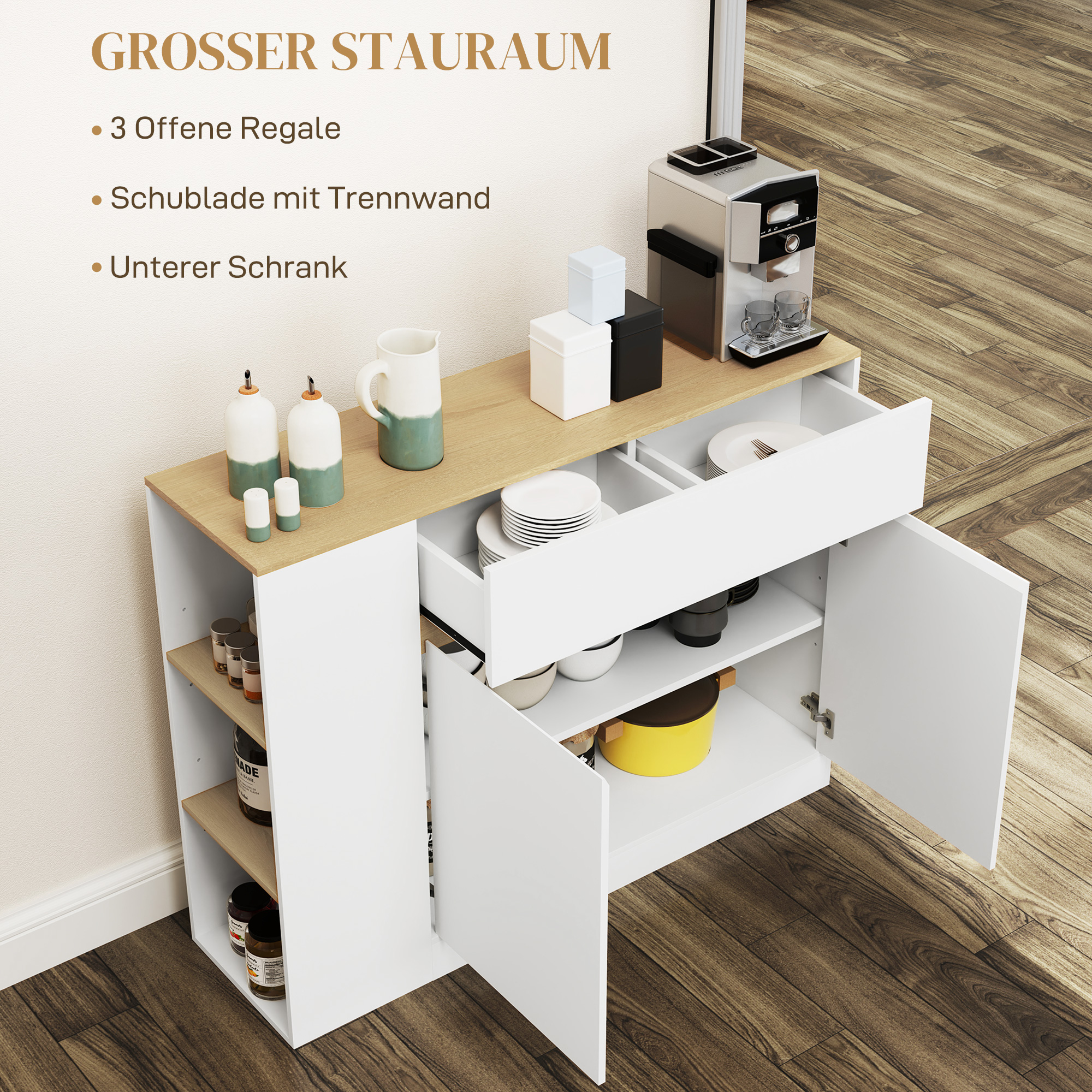 Sideboard, großes Schrankfach, 3 Ablagefächer, Schublade, 105 x 30 x 81,5cm, Weiß/Holz