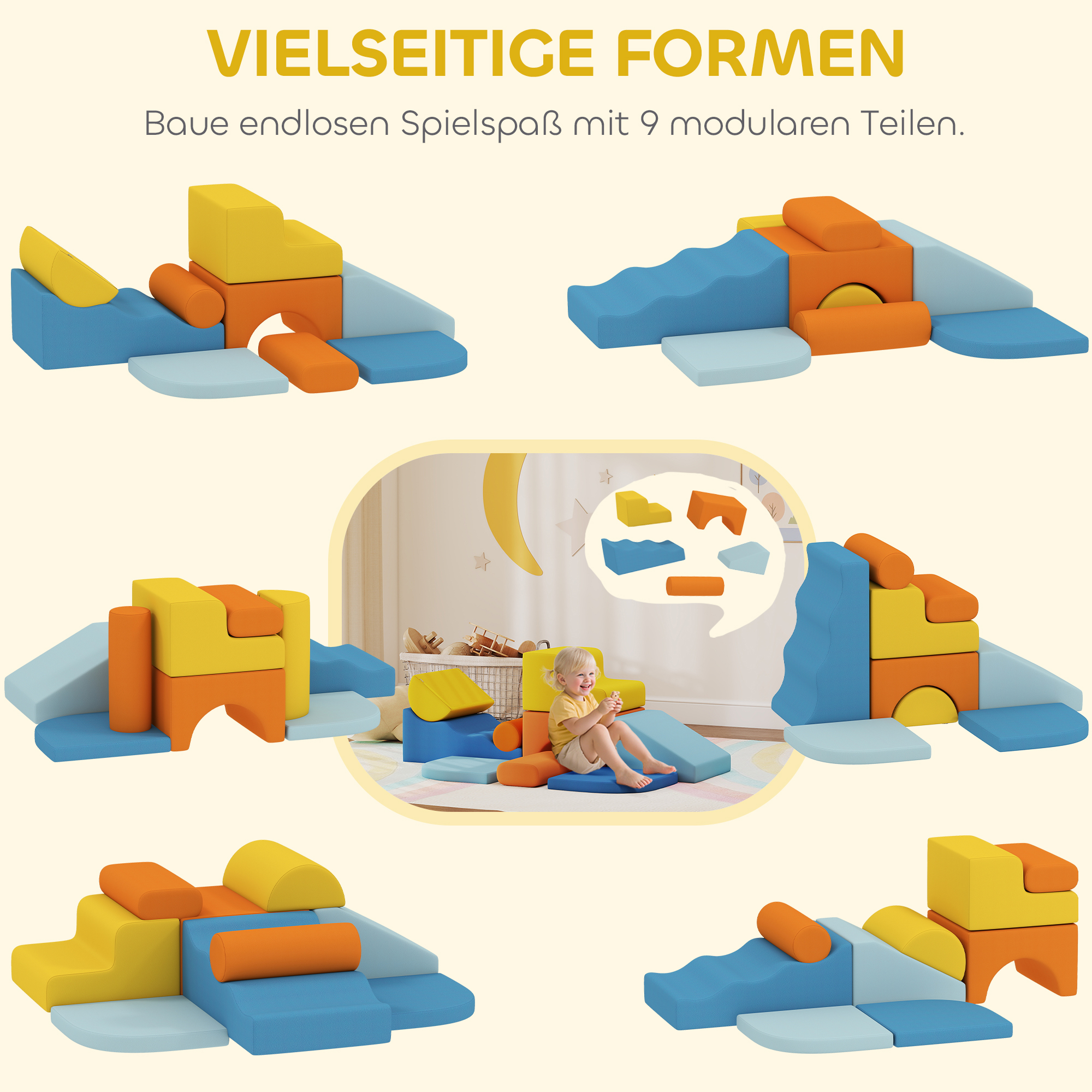 9-teiliges Soft-Baustein-Set, weiche Blöcke zum Bauen und Spielen, Indoor-Spielset für Kleinkinder, Schaumstoff, Bunt