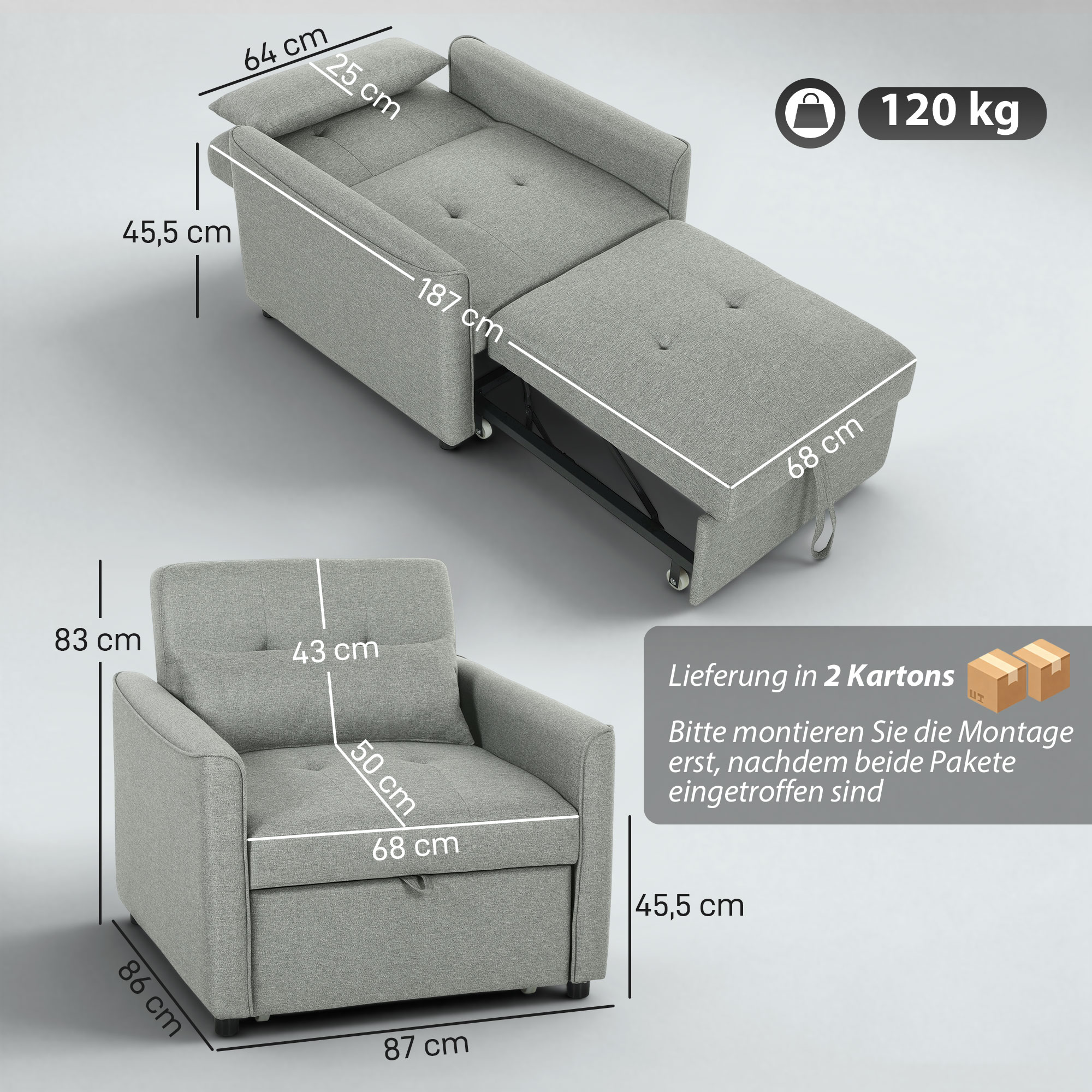 3-in-1 Schlafsessel, Ausziehbarer Sofa-Bett Sessel mit Verstellbarer Rückenlehne, Grau