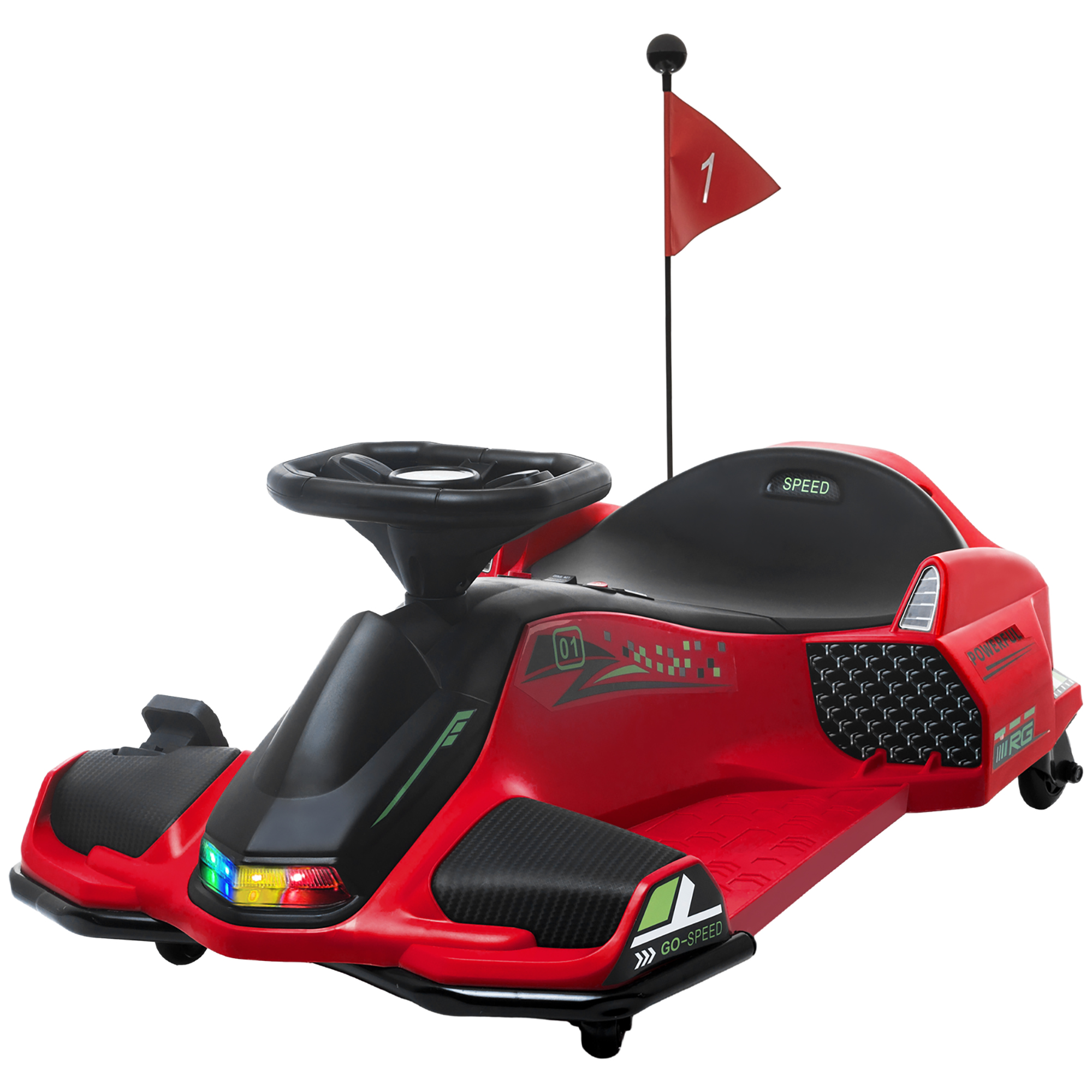Elektrisches Go-Kart für Kinder, Gummiräder, 3-8 km/h, mit Lichtern und Musikfunktion, Rot