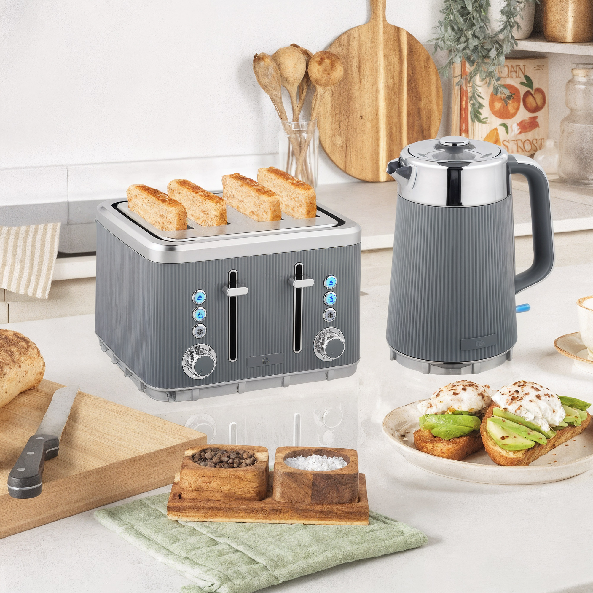 2200W, 1,7L Wasserkocher mit Schnellkochfunktion, Kalkfilter und 4-Scheiben-Toaster mit 7 Bräunungsstufen, Grau