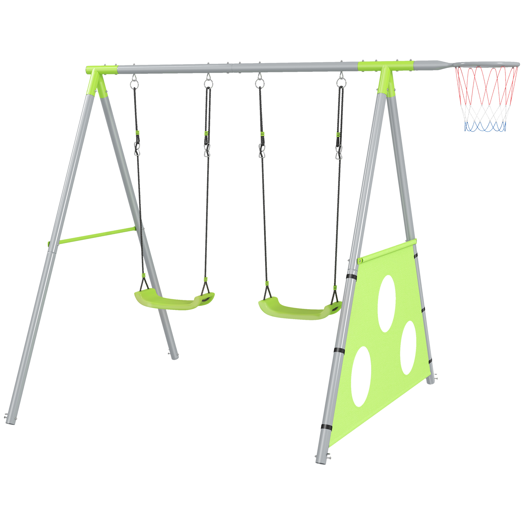 Schaukelset für Kinder, 2 Schaukelsitze, 1 Basketballkorb, 1 Fußballtor, Metallrahmen, Grün