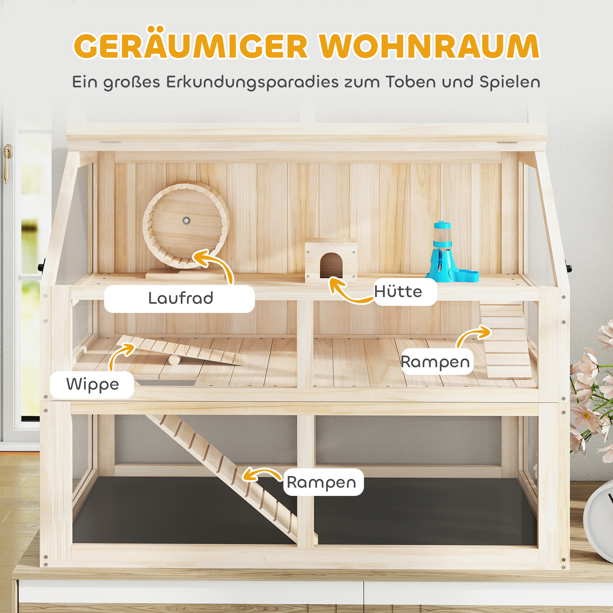 Hamsterkäfig aus Holz 3 Etagen Nagerkäfig Kleintierkäfig mit Wippe Laufrad Hütte 95 x 53 x 76 cm Naturholz