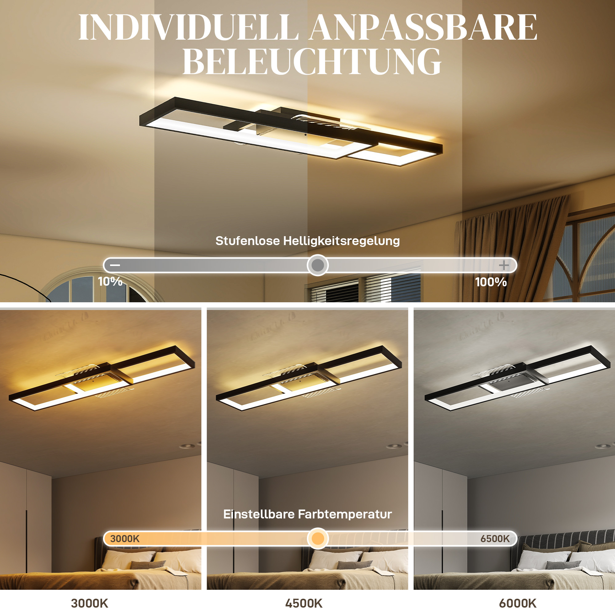 Deckenleuchte LED 43W 4600LM 3000-6000K dimmbare Deckenlampe Flach mit Fernbedienung Wandschalter 70 x 30 x 7 cm Schwarz