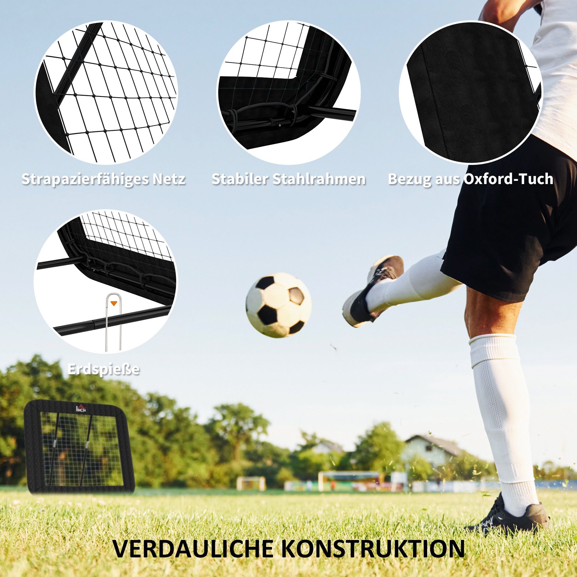 Rebounder für Fußball, 128 x 118 cm Prellwand mit Schutzkante Heringen, verstellbar in 5 Stufen, tragbares Rebound, Fußballtor für Jugendliche, Rückprallwand für Fußball Training, Schwarz