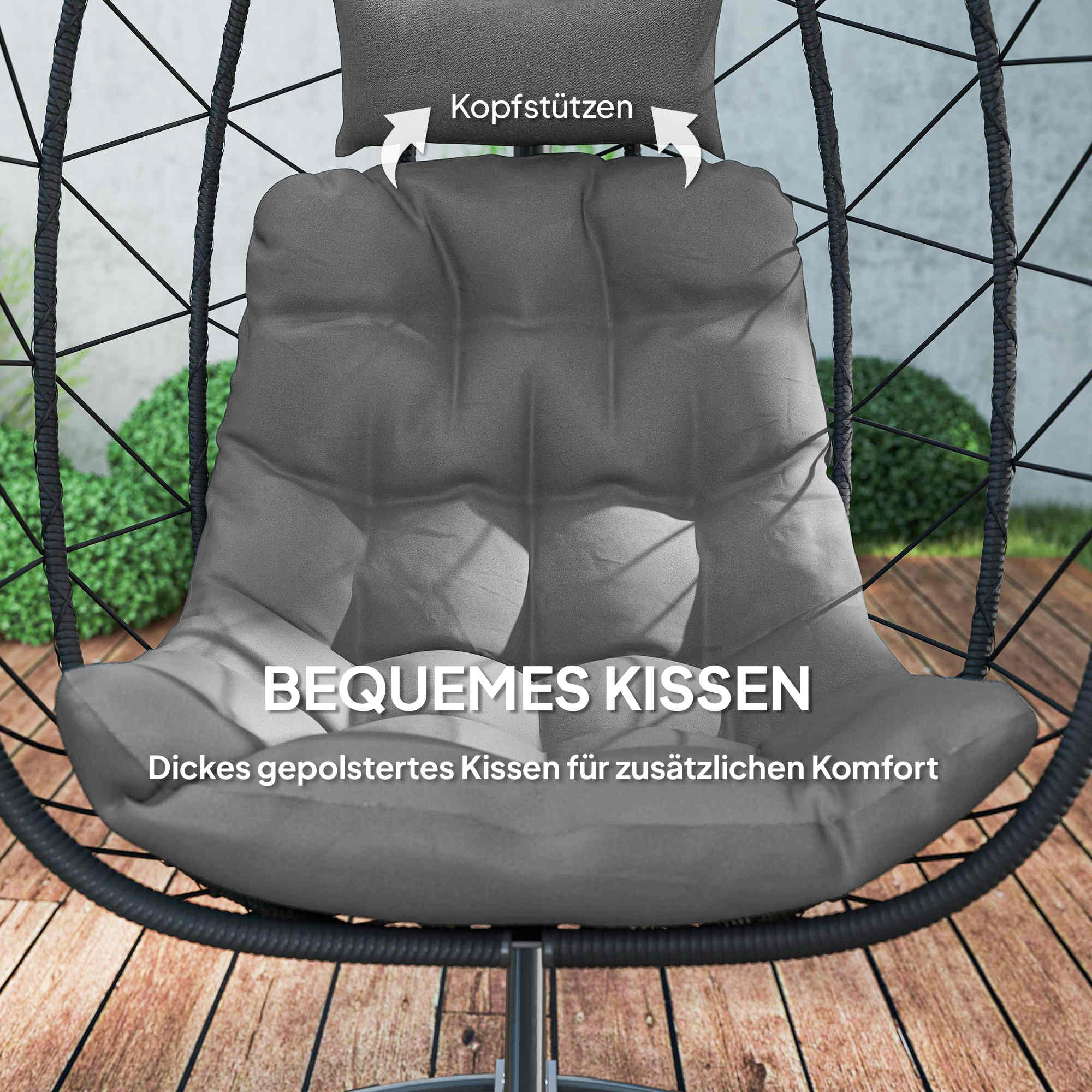 Hängesessel Outdoor Hängesessel Egg Chair, wetterbeständig, inkl. Polster, 102 cm x 102 cm x 195 cm, Dunkelgrau