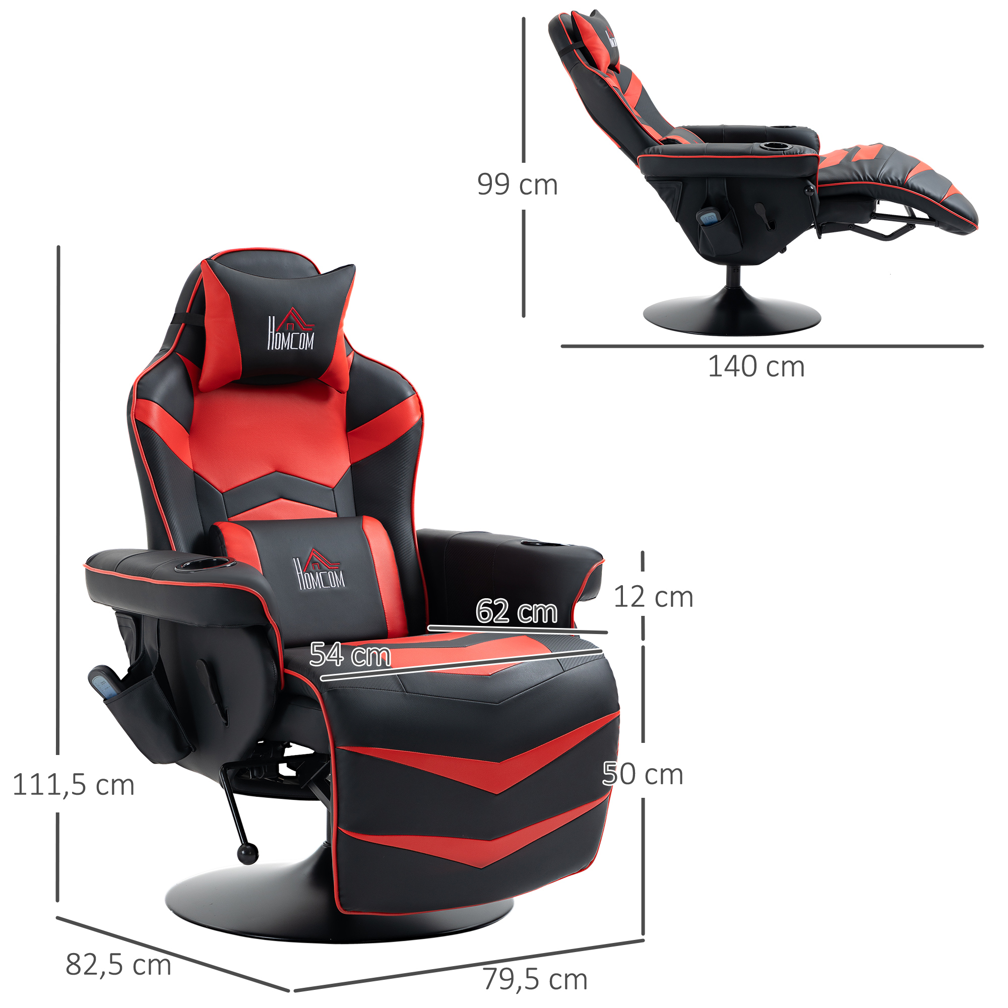 Gamingsessel, Massagefunktion, neigbare Lehne, Fußstütze, bis 120 kg, Stahlrahmen, Kunstleder, Rot