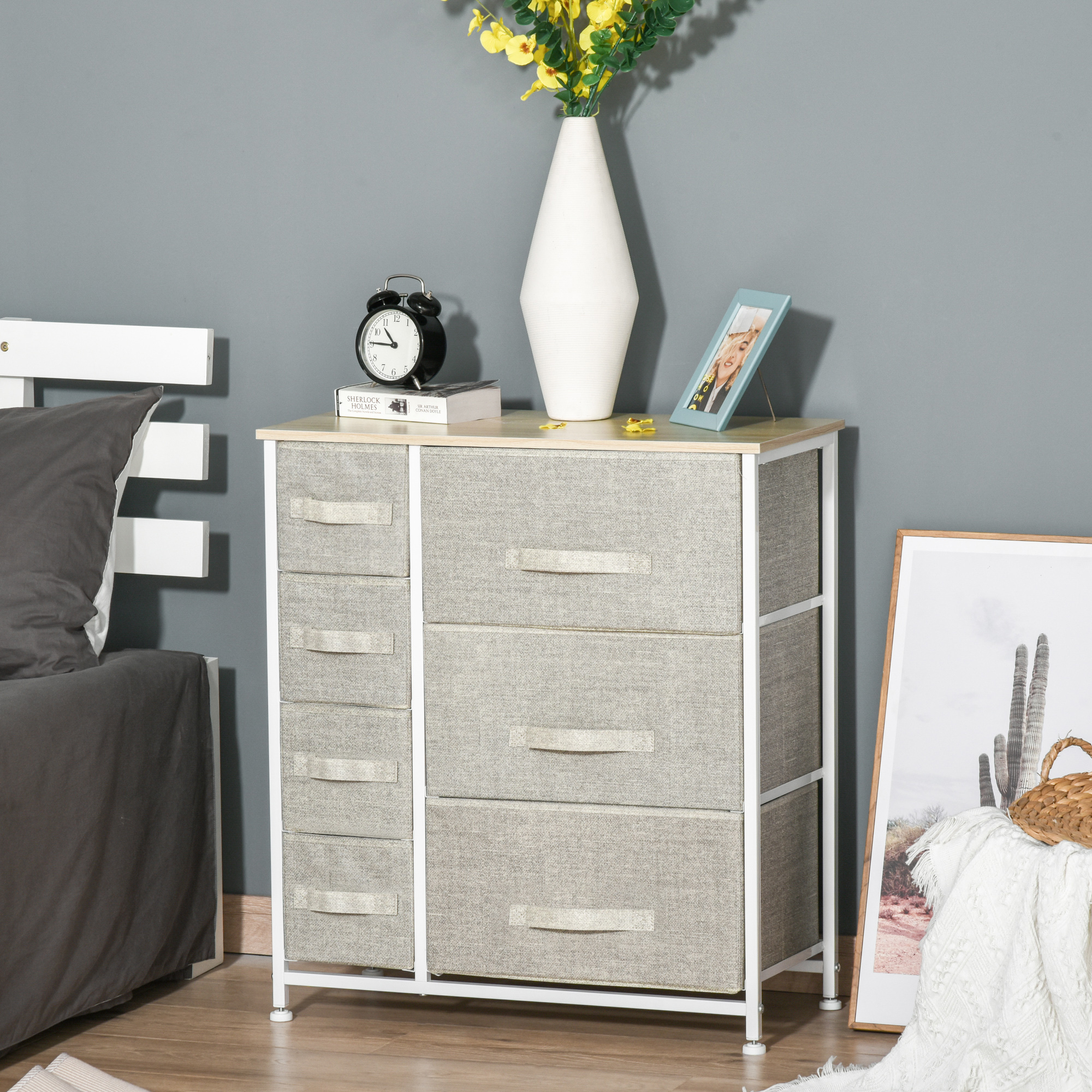 Kommode, Sideboard, 7 faltbare Stoffschubladen, Metallgestell, 63,5 x 30 x 71 cm, Hellgrau
