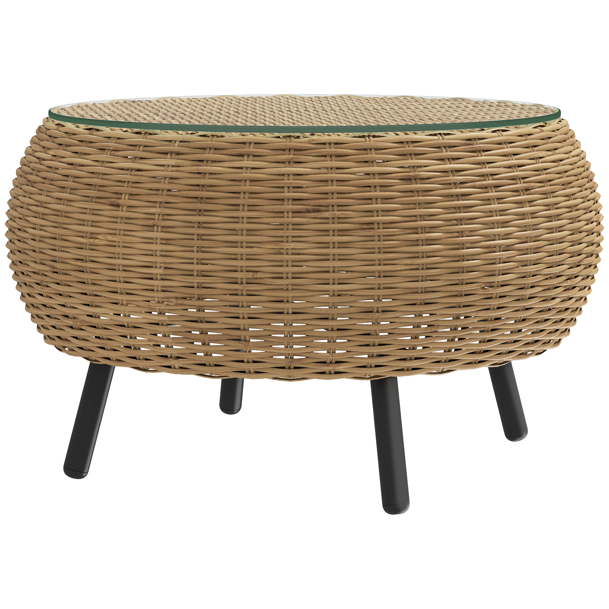 Beistelltisch aus Polyrattan runder Kaffeetisch Couchtisch mit Glas Tischplatte Ø75 x 42 cm Braun