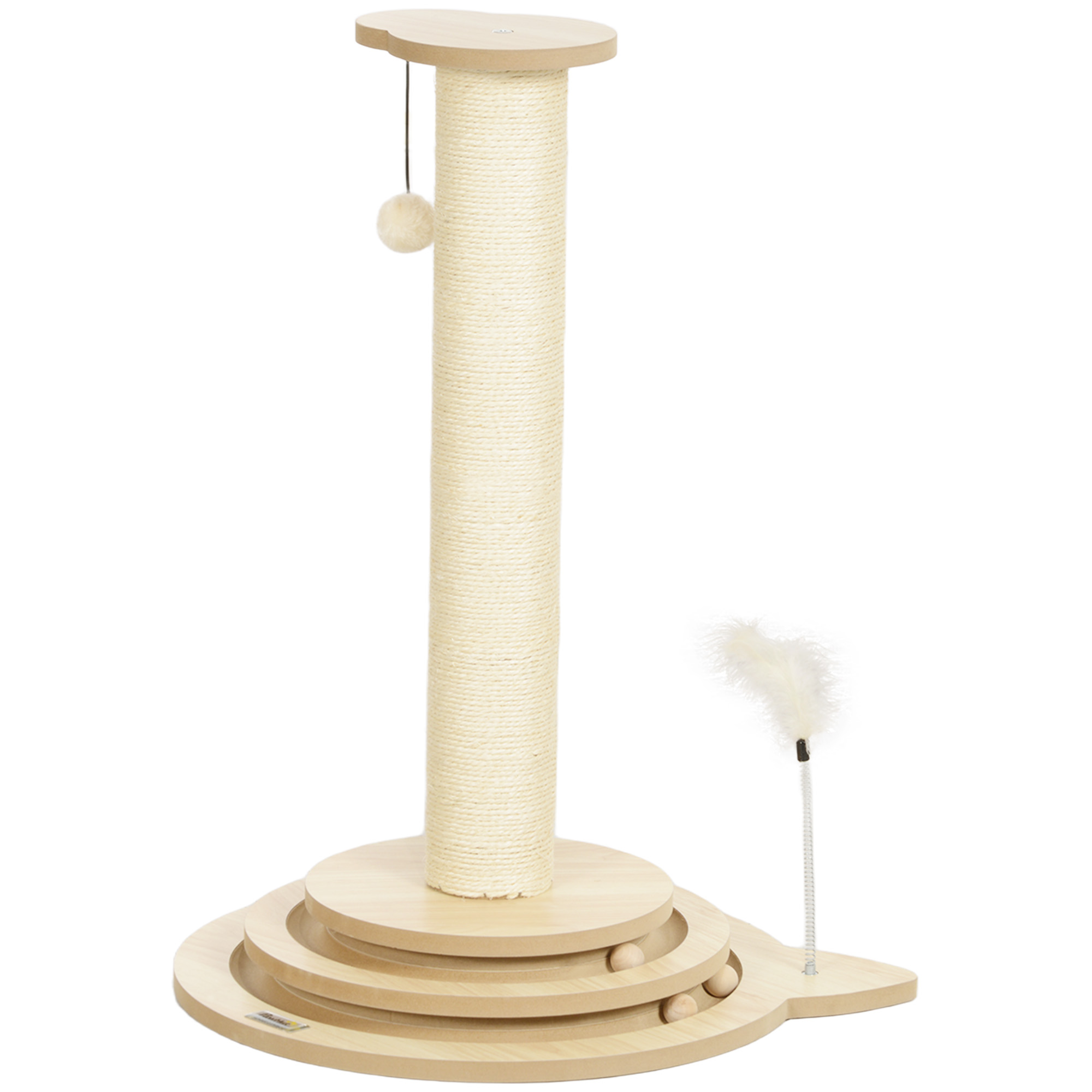 Katzenkratzbaum, 69 cm, Sisal-Kratzpfosten, Kugelbahn, Spielball, Spielfeder, 4-in-1-Design, Cremeweiß