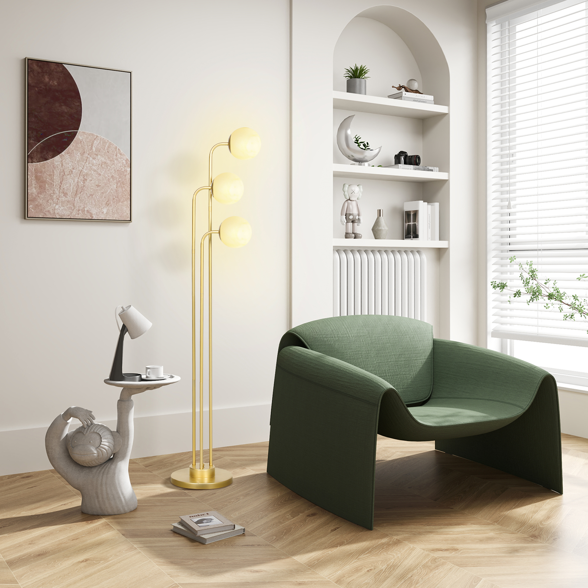 Moderne Stehlampe mit 3 Lampenschirmen, mit Fußschalter, für Wohnzimmer, Schlafzimmer, 3 x E27-Fassung, Goldton