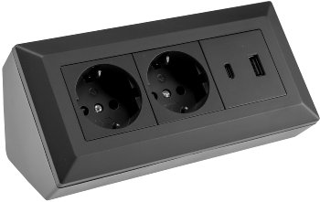 2-fach Steckdosenblock, USB-A+C, schwarz, 250V~/ 16A, Aufbaumontage, USB 3,1A, PD