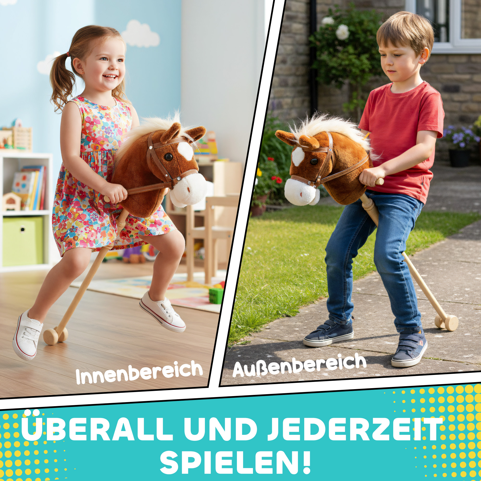 Steckenpferd Kinder Steckenpferde mit Sound, Griffe, Rolle, Stockpferd zum Reiten für Kinder 24+ Monate, Braun